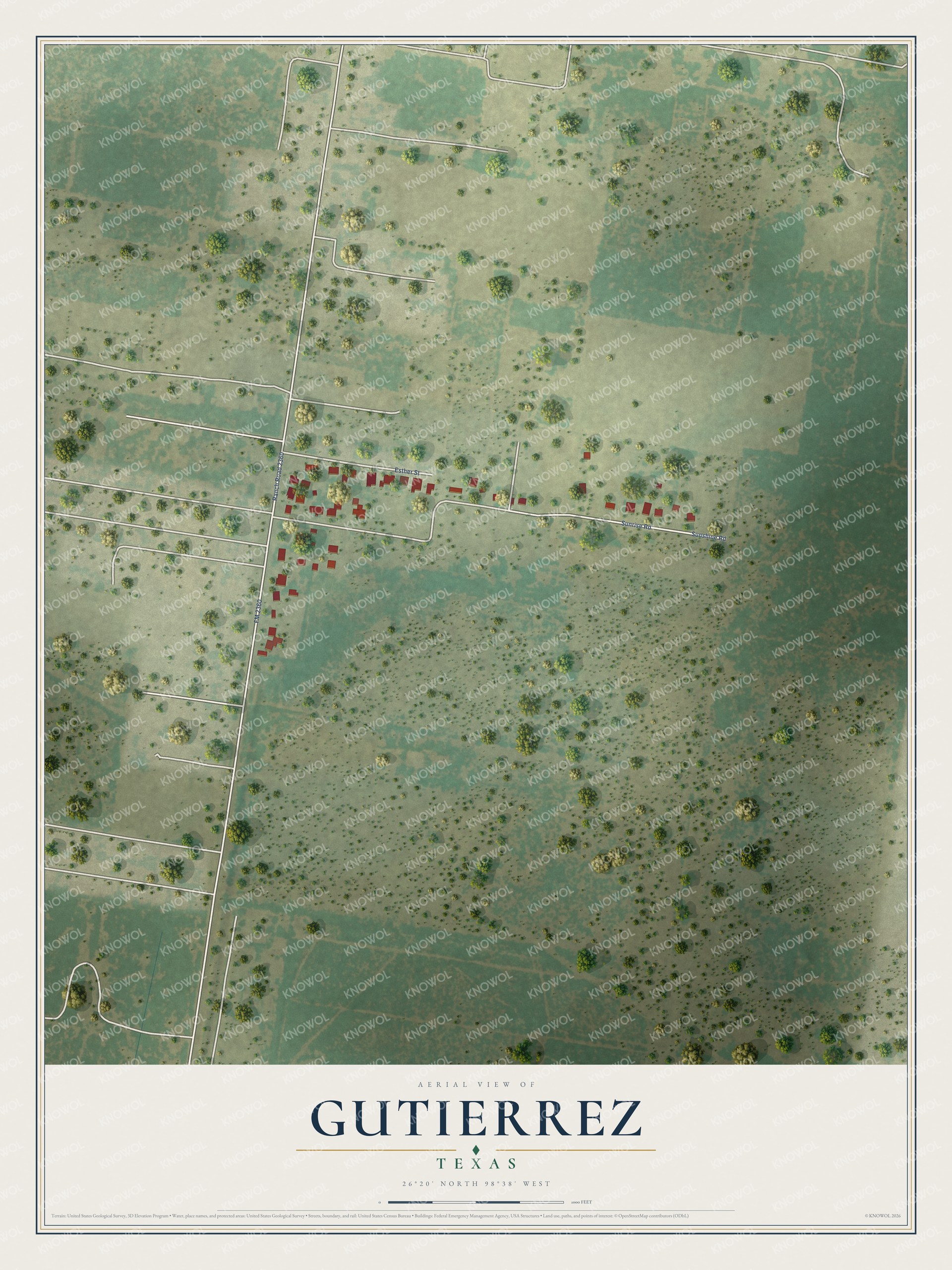Full map of Gutierrez, Texas, with red buildings, printed street names and the land around them