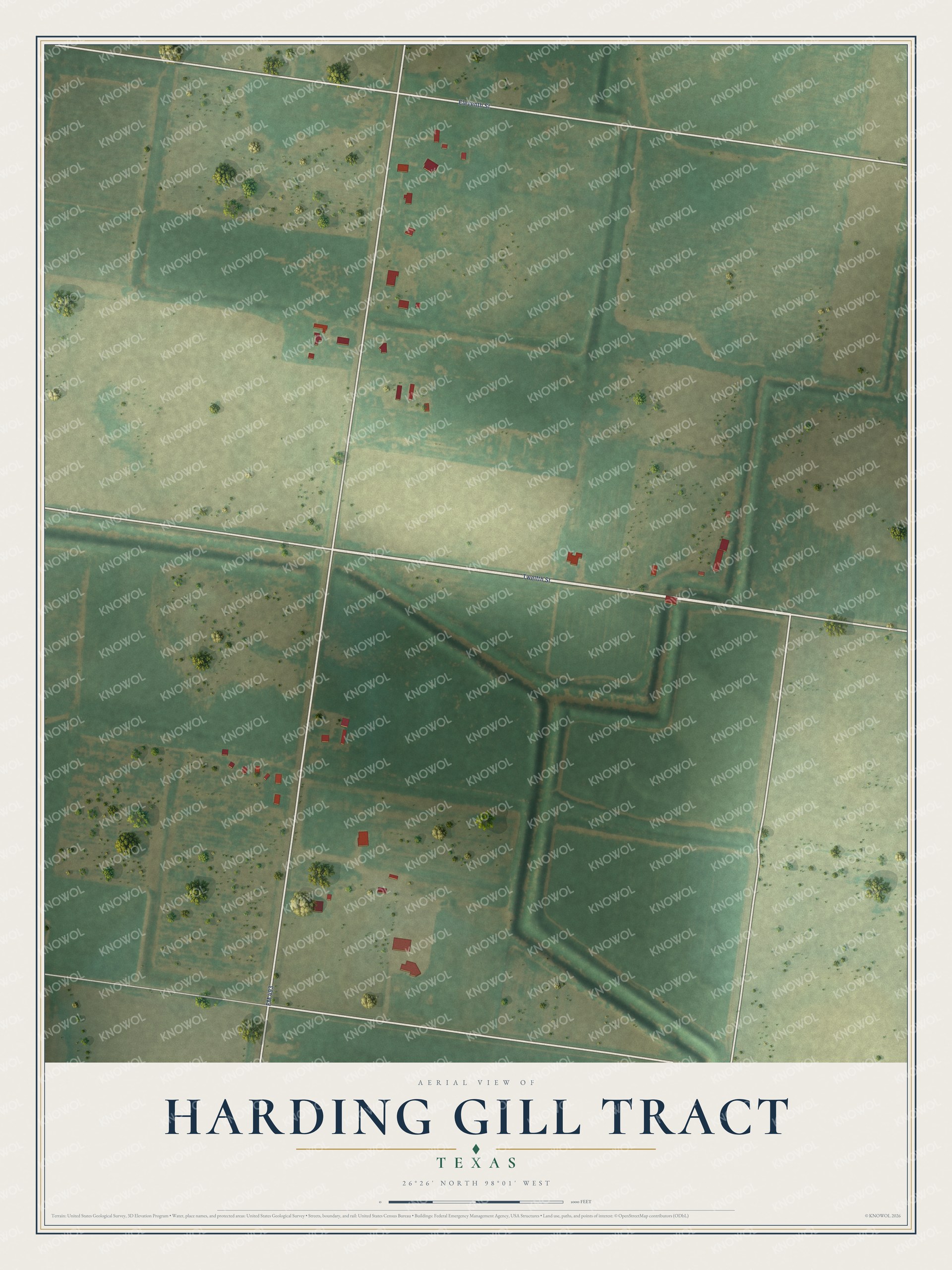 Full map of Harding Gill Tract, Texas, with red buildings, printed street names and the land around them