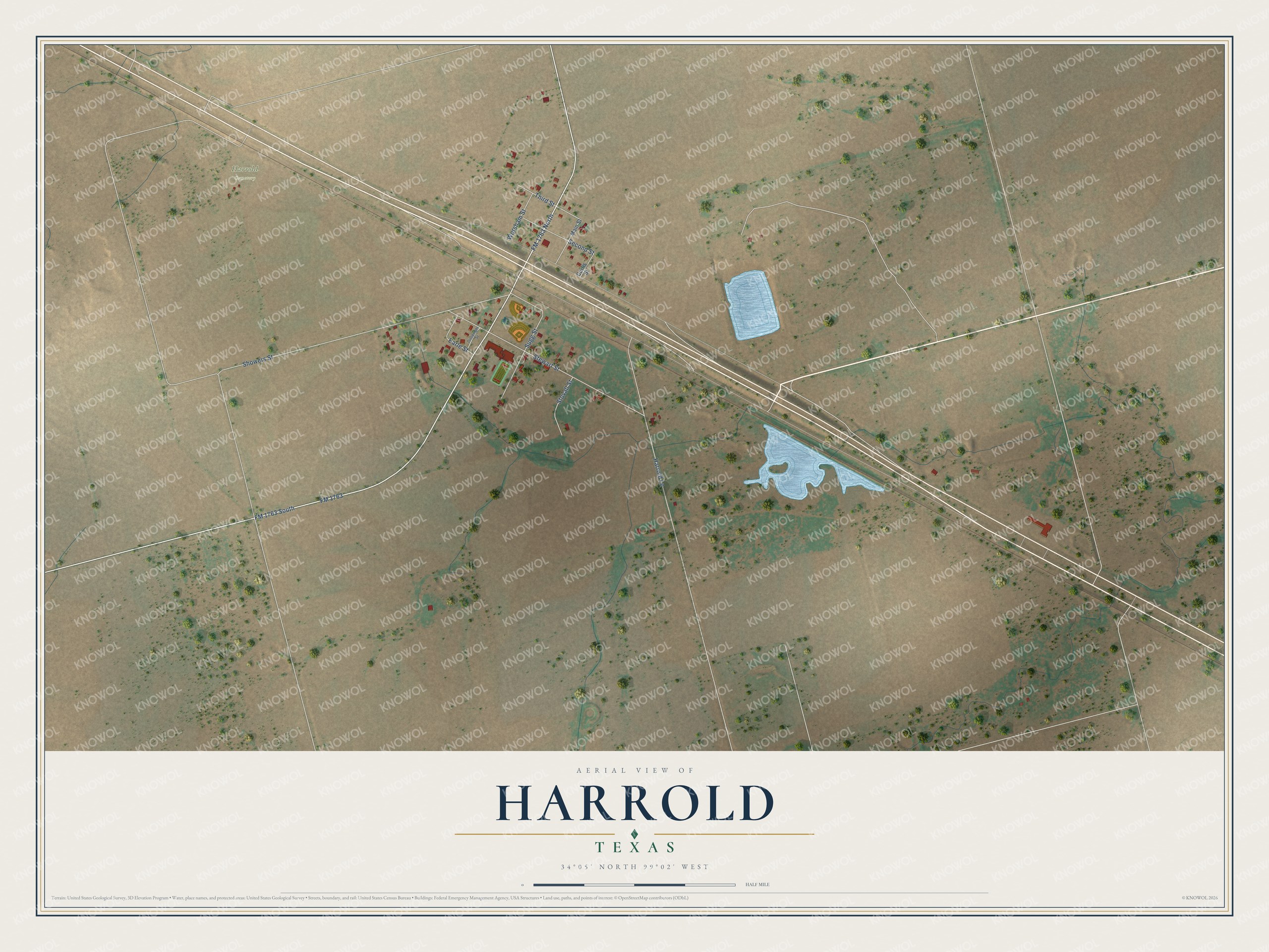 Full map of Harrold, Texas, with red buildings, printed street names and the land around them