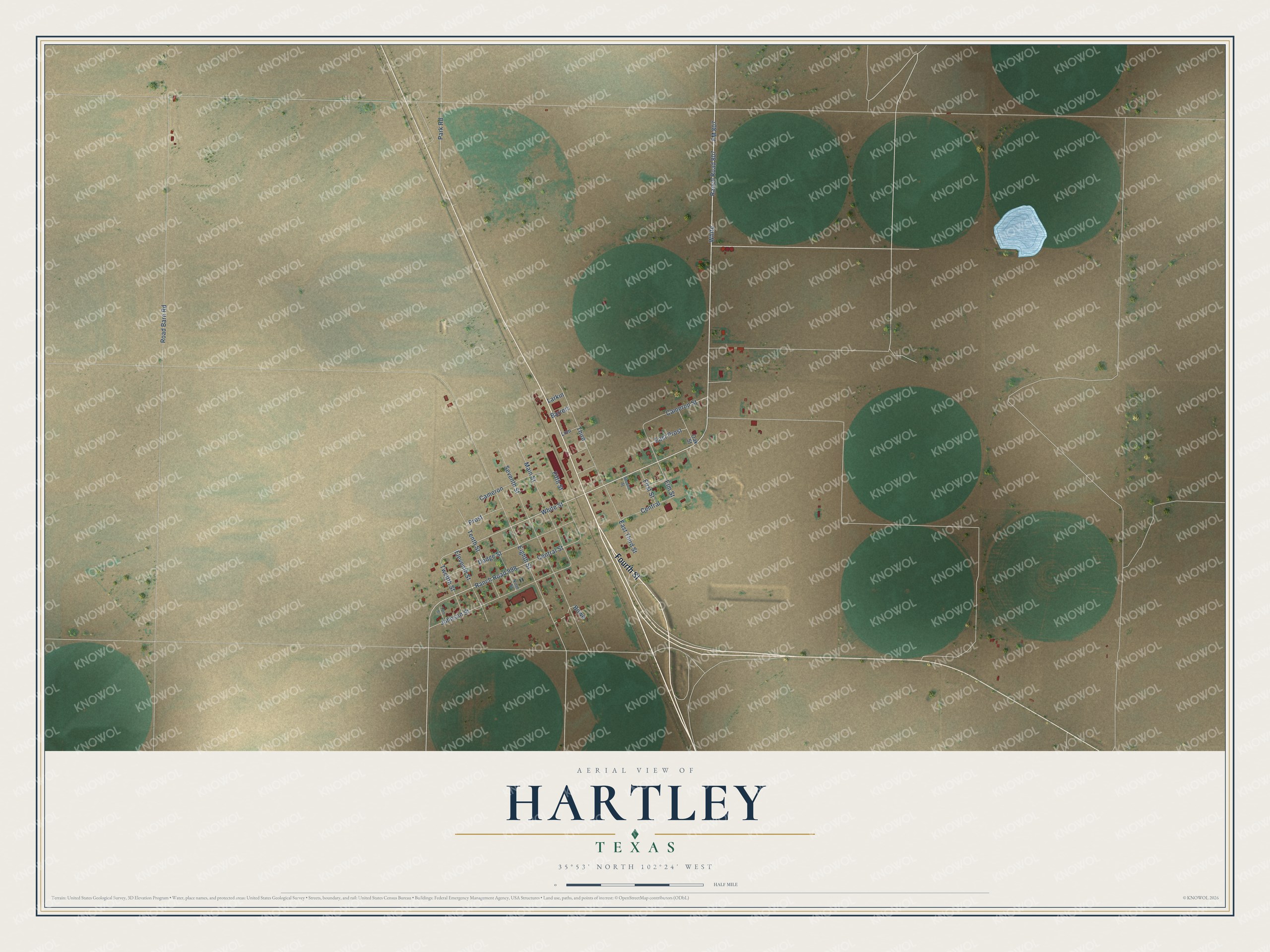 Full map of Hartley, Texas, with red buildings, printed street names and the land around them
