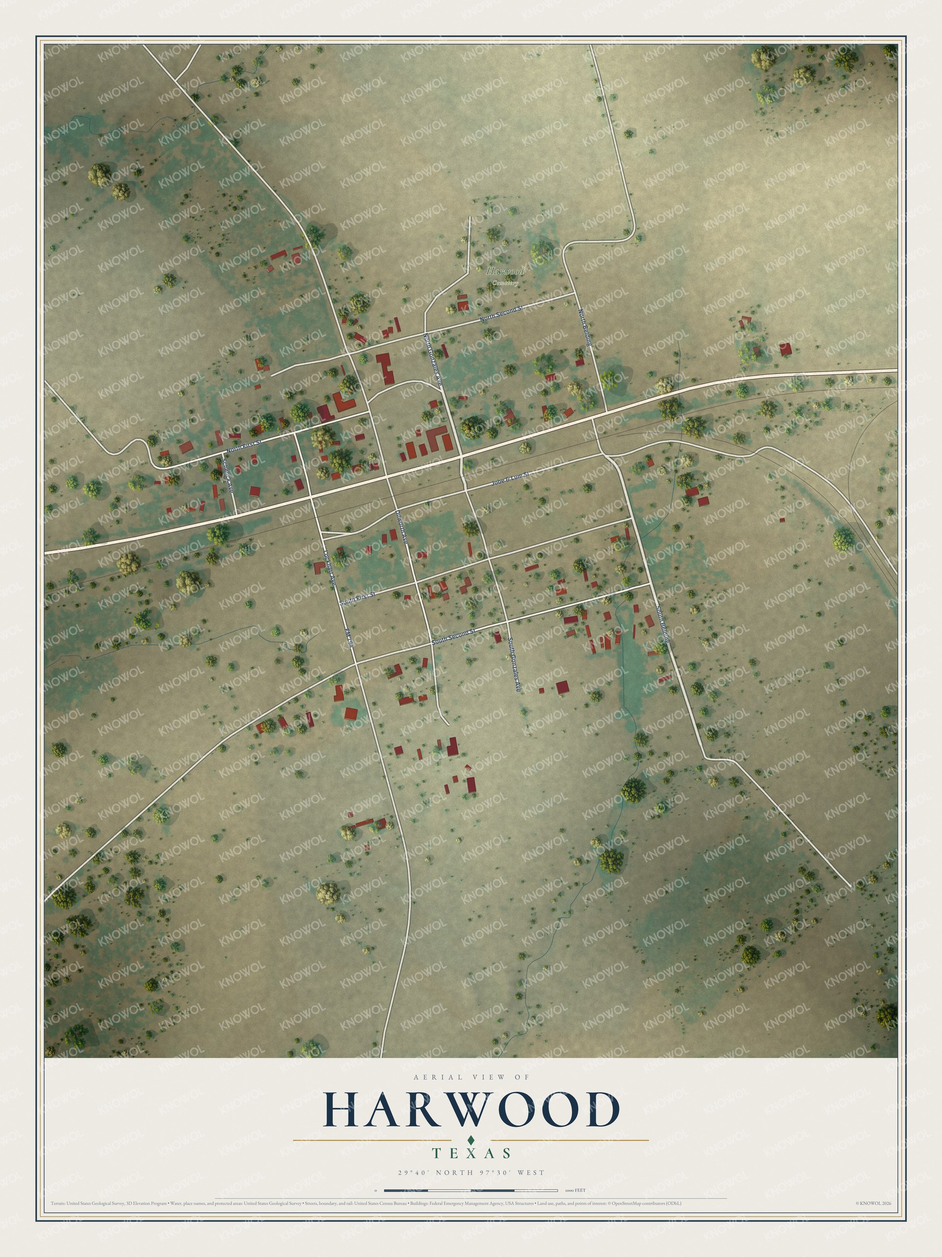 Full map of Harwood, Texas, with red buildings, printed street names and the land around them