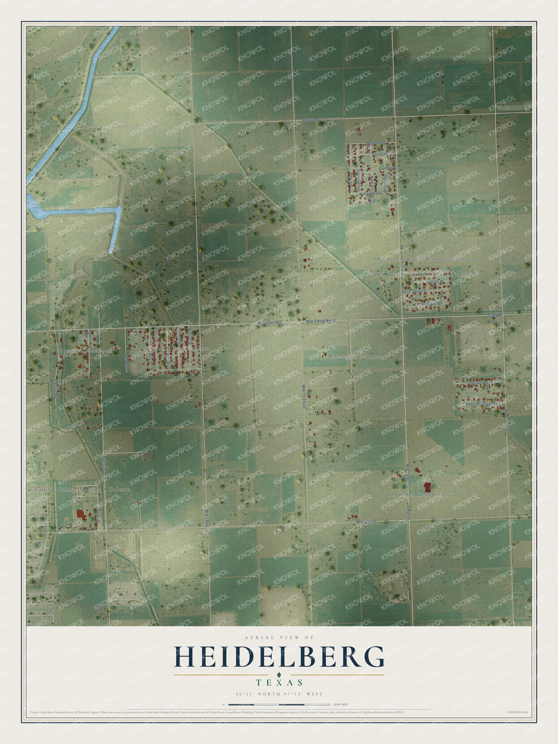 Full map of Heidelberg, Texas, with red buildings, printed street names and the land around them