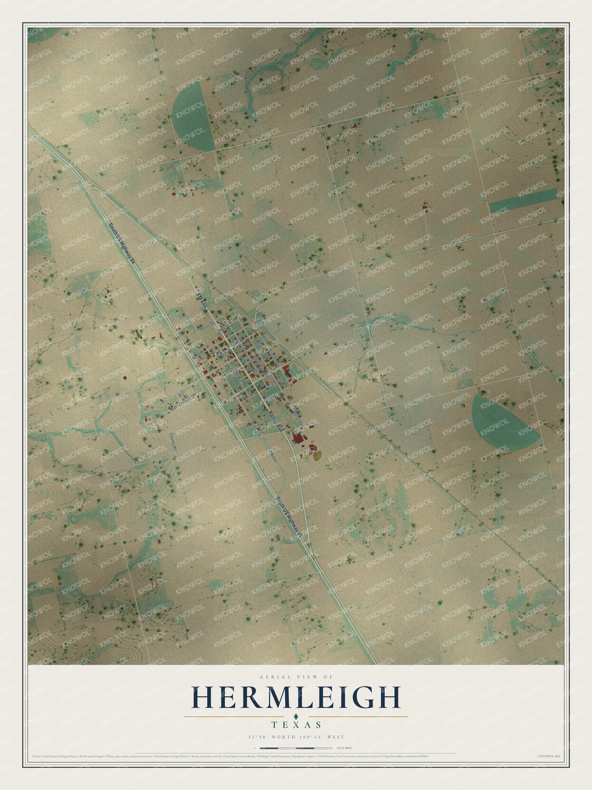 Full map of Hermleigh, Texas, with red buildings, printed street names and the land around them