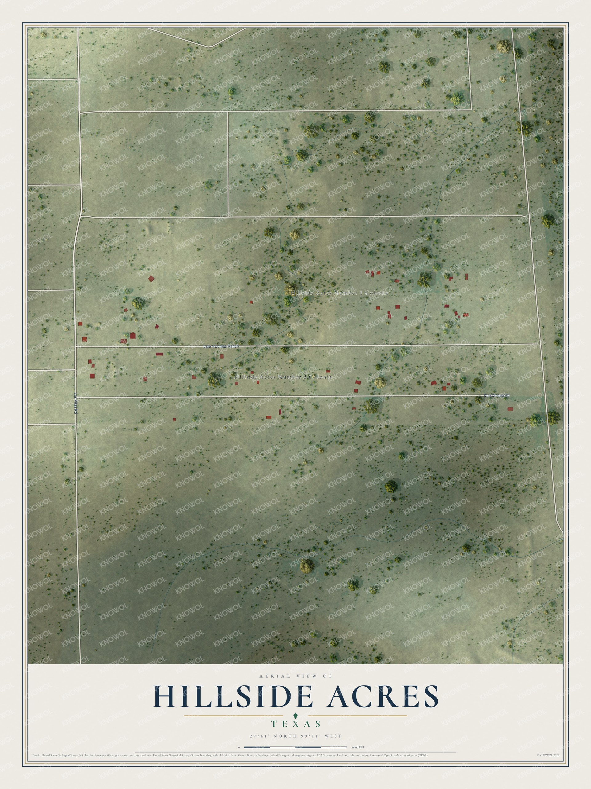 Full map of Hillside Acres, Texas, with red buildings, printed street names and the land around them