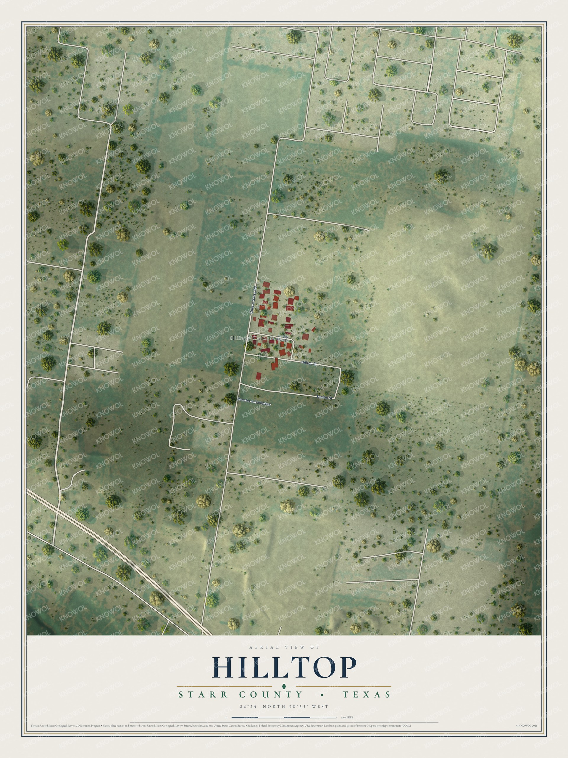 Full map of Hilltop, Texas, with red buildings, printed street names and the land around them