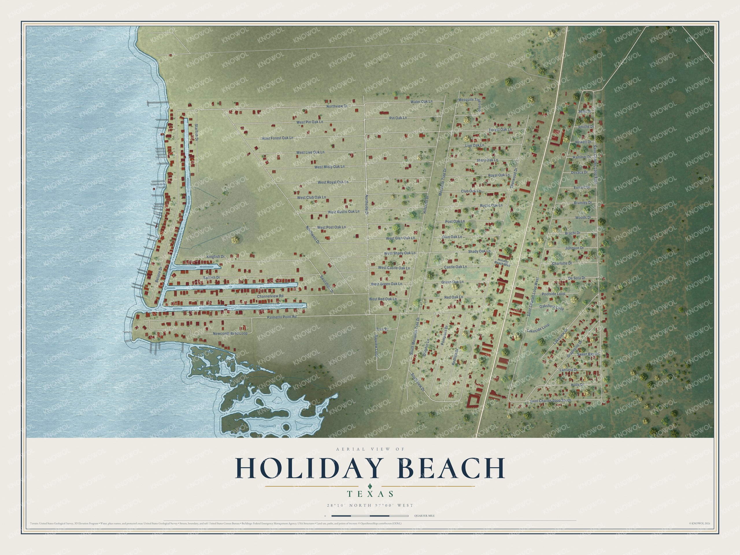 Full map of Holiday Beach, Texas, with red buildings, printed street names and the land around them