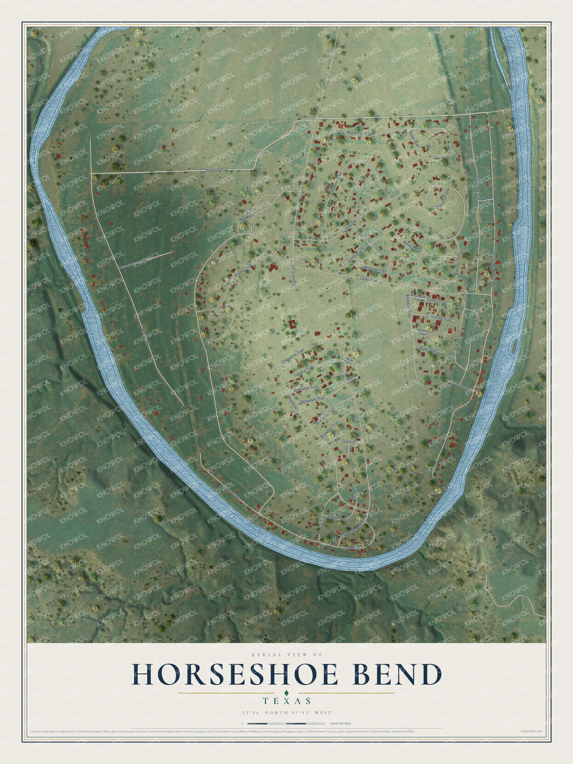 Full map of Horseshoe Bend, Texas, with red buildings, printed street names and the land around them