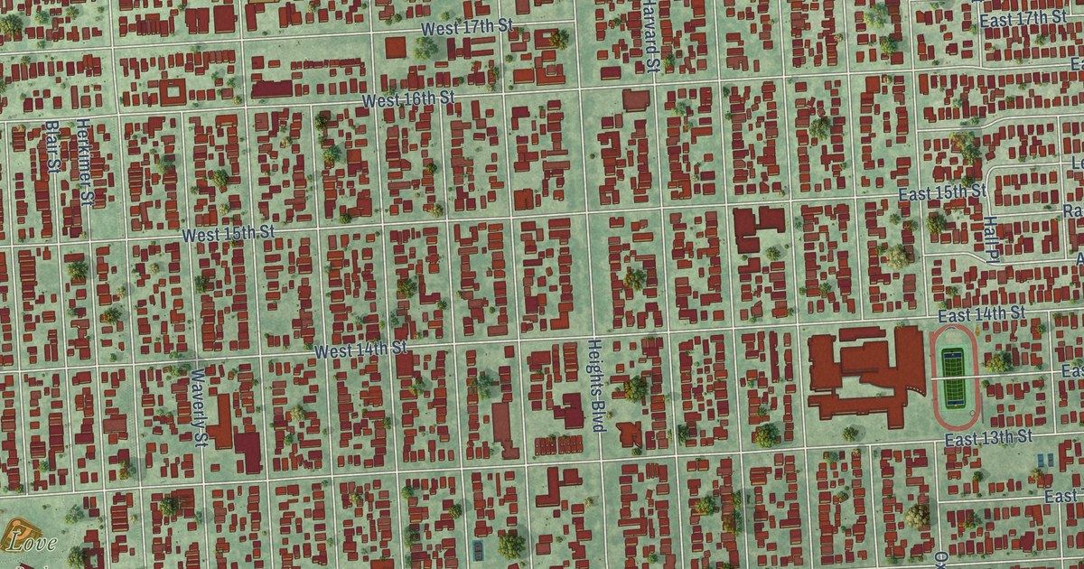 Close-up of streets and buildings in Houston Heights, Texas