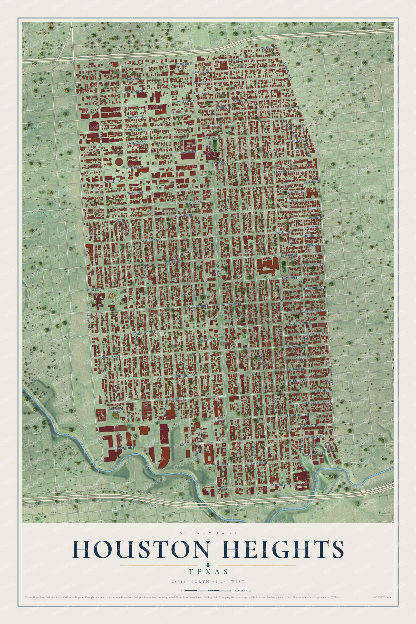 Full map of Houston Heights, Texas, with red buildings, printed street names and the land around them