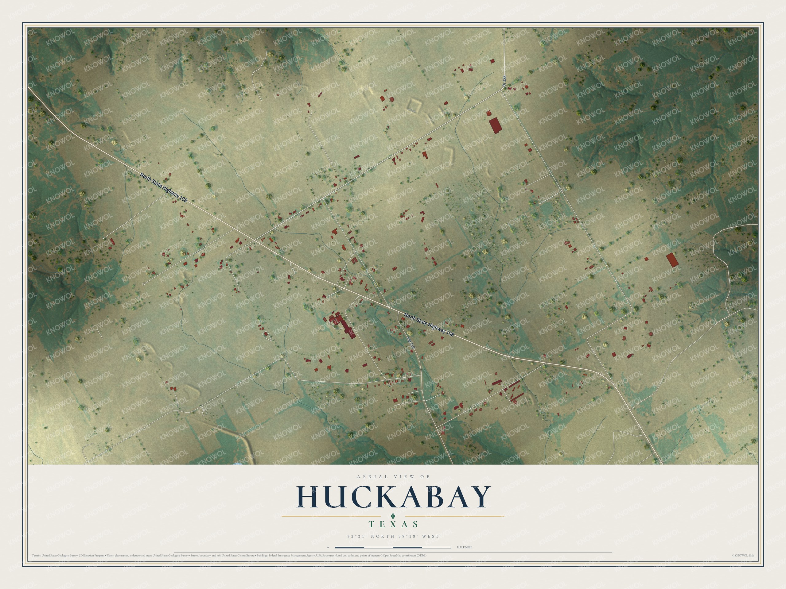Full map of Huckabay, Texas, with red buildings, printed street names and the land around them