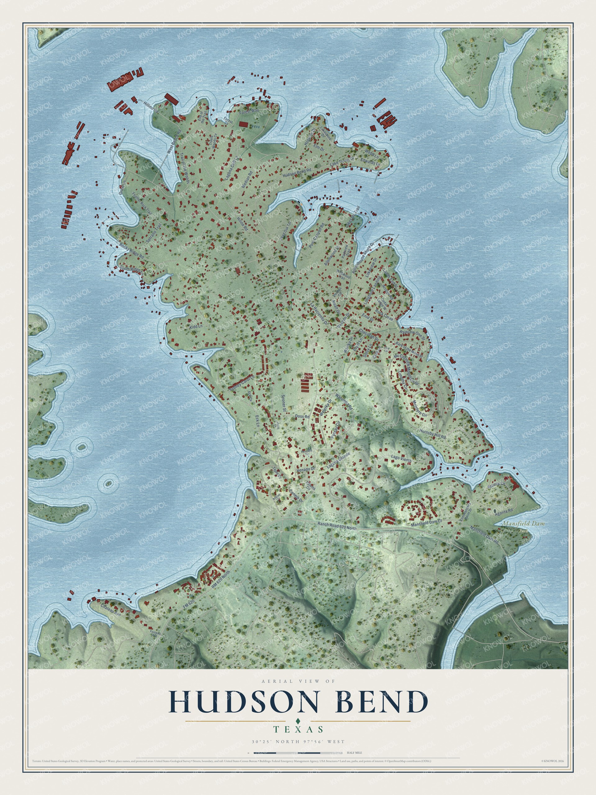 Full map of Hudson Bend, Texas, with red buildings, printed street names and the land around them
