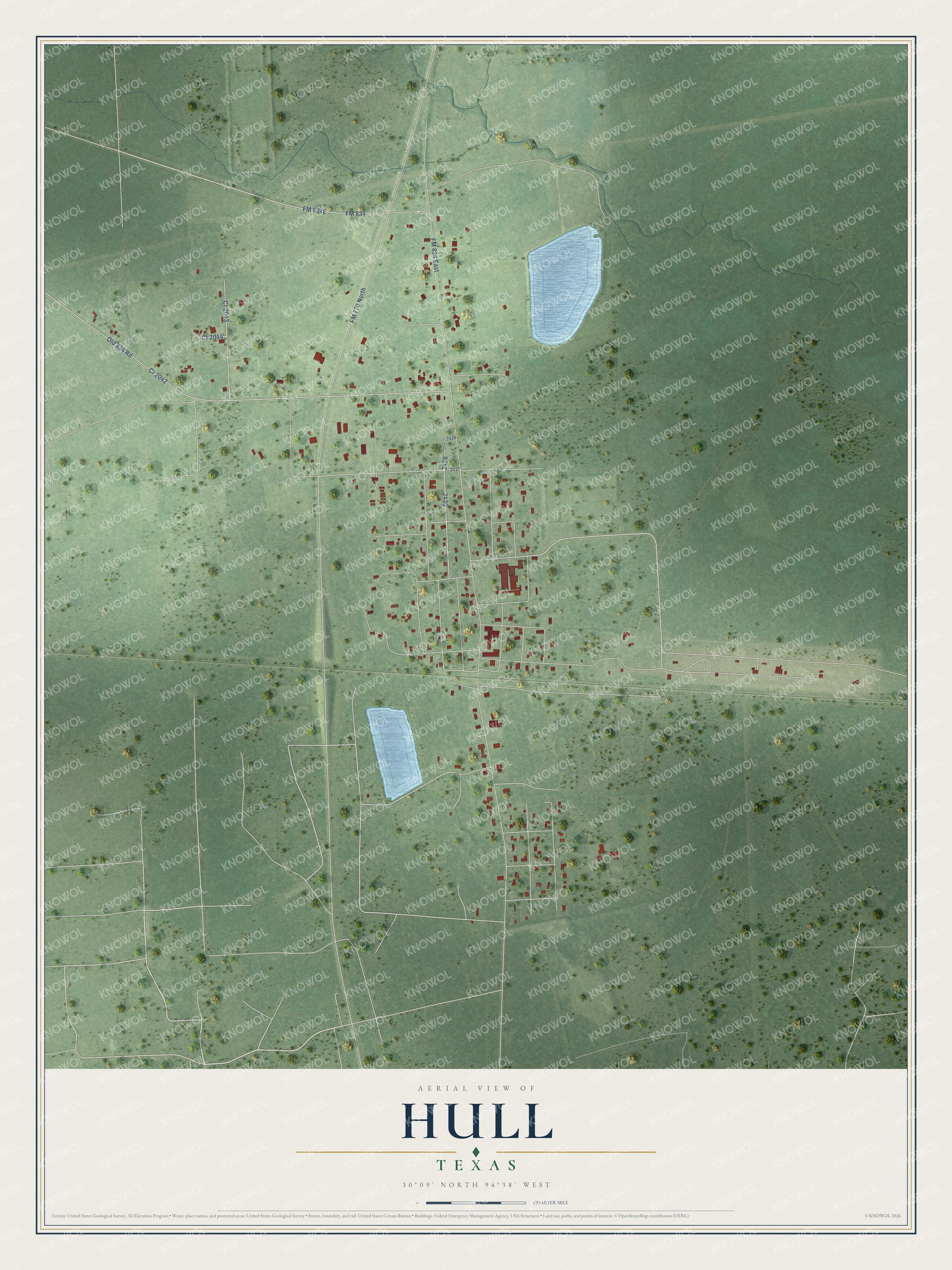 Full map of Hull, Texas, with red buildings, printed street names and the land around them