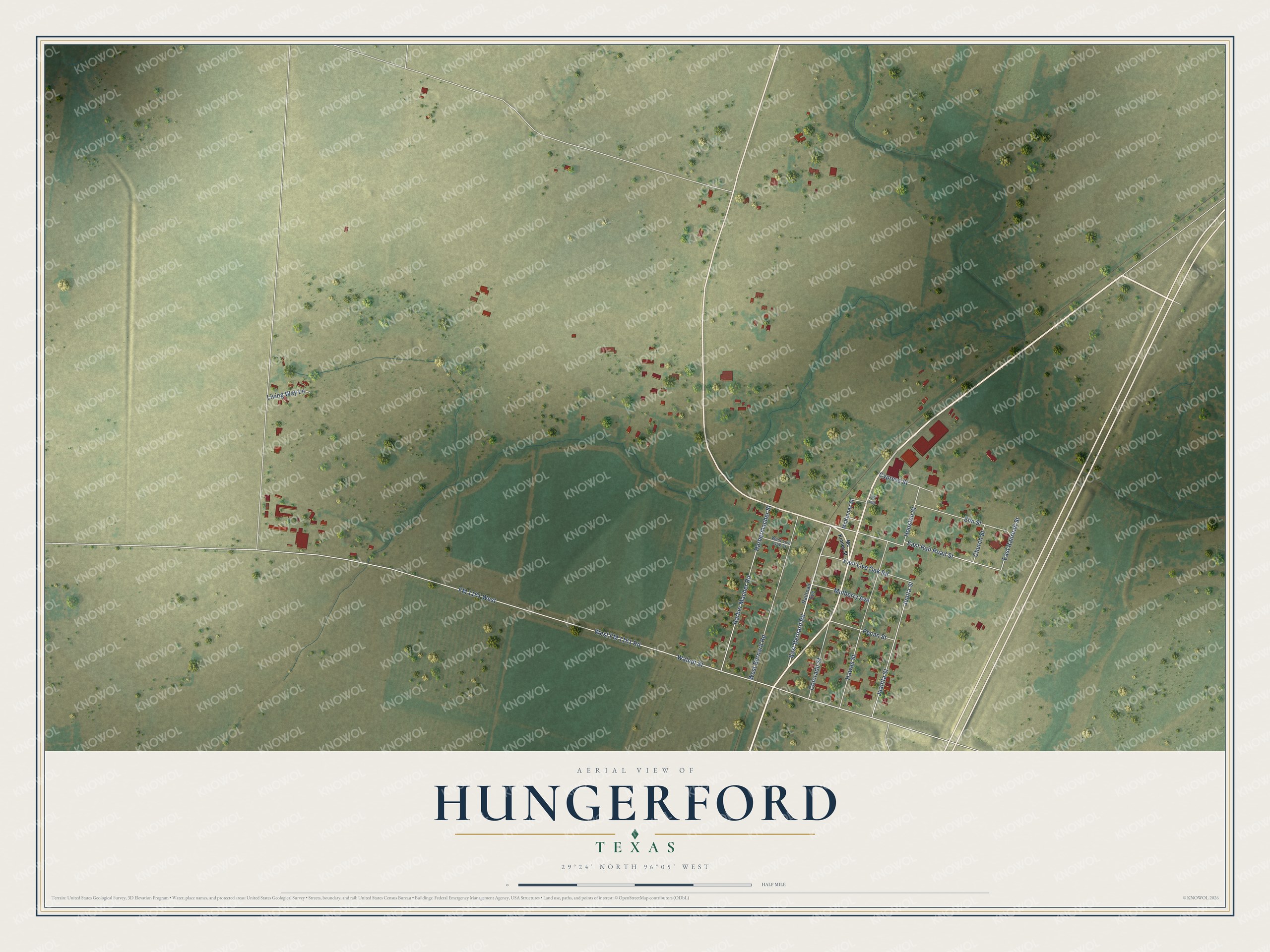 Full map of Hungerford, Texas, with red buildings, printed street names and the land around them