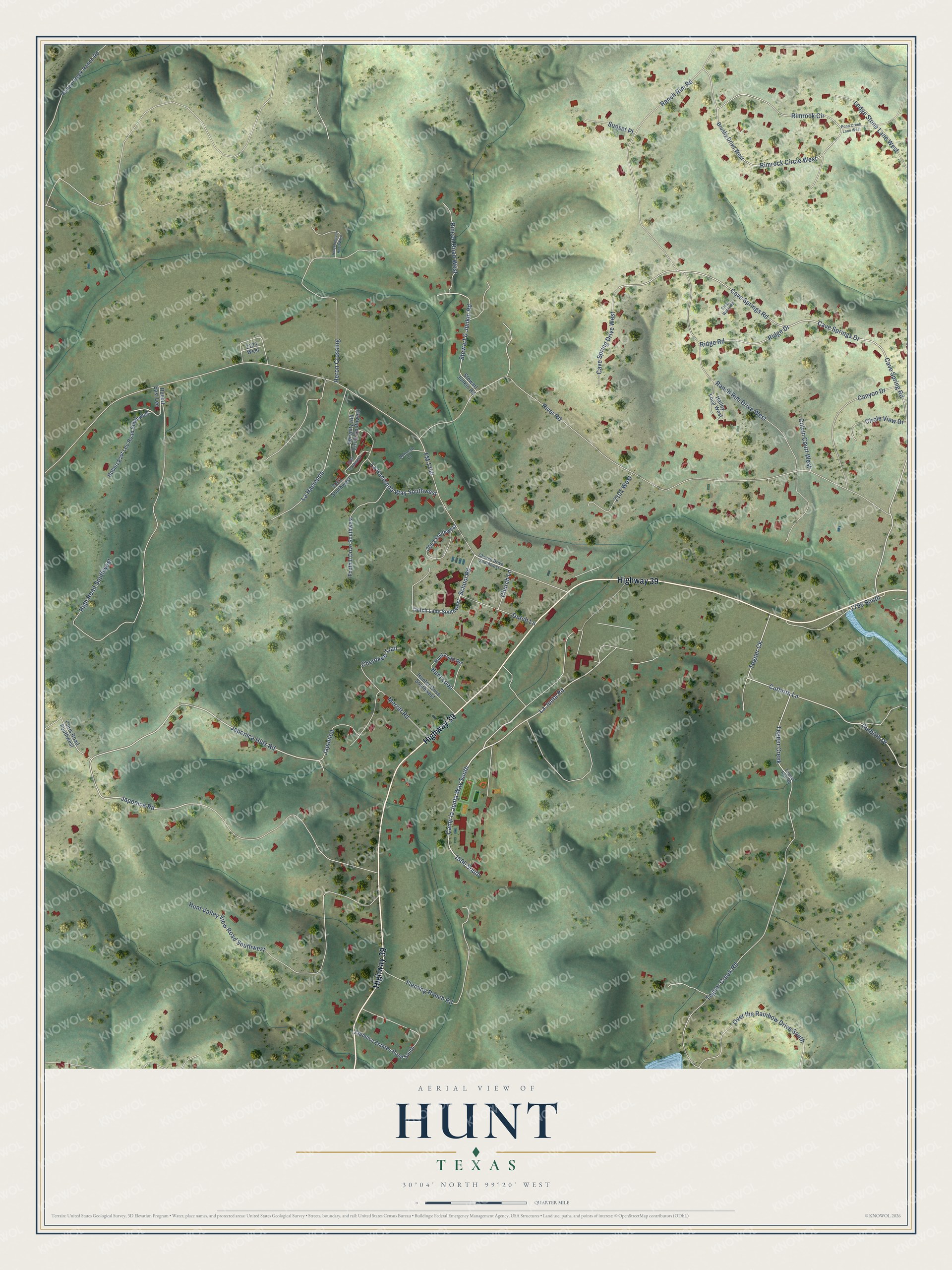 Full map of Hunt, Texas, with red buildings, printed street names and the land around them