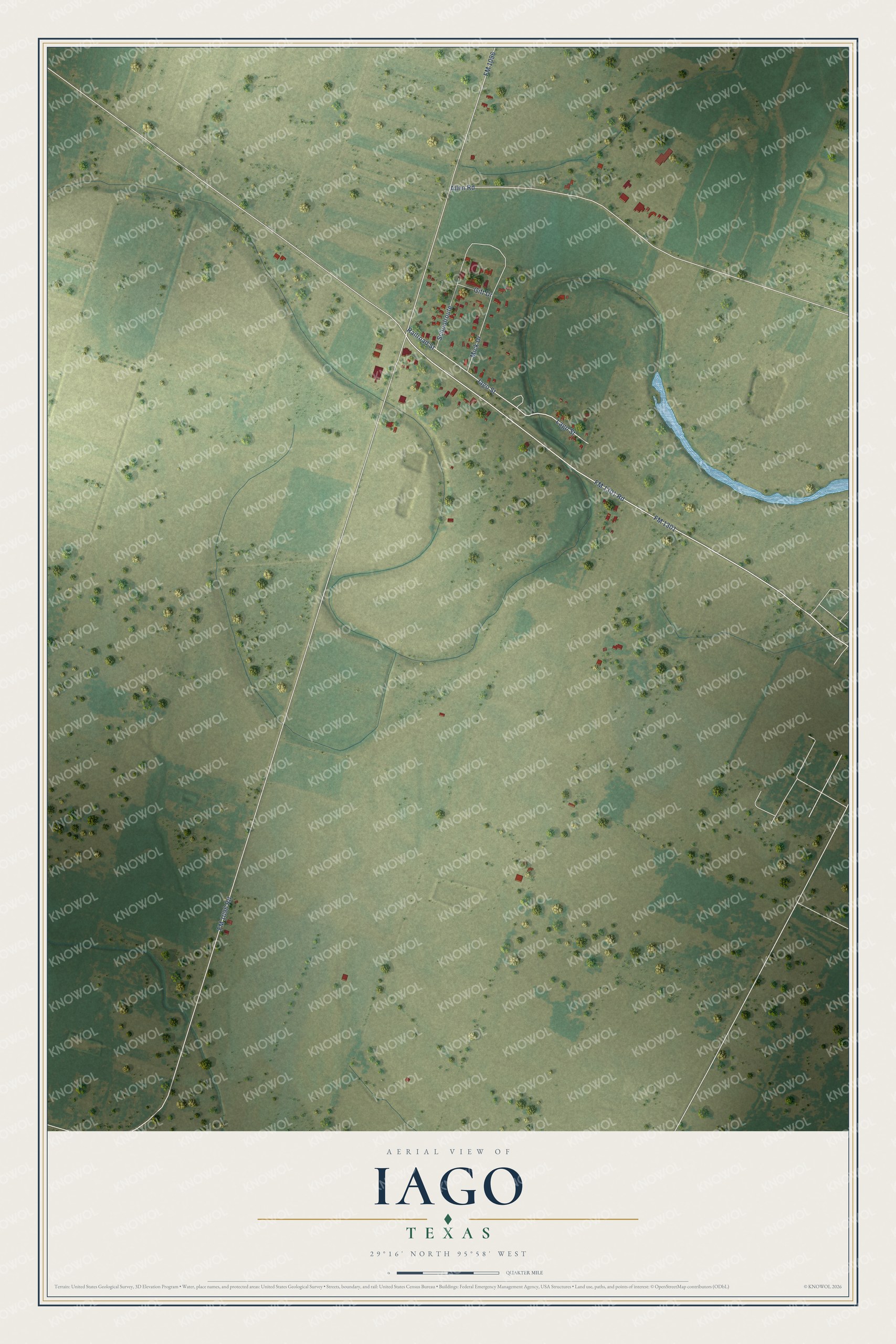 Full map of Iago, Texas, with red buildings, printed street names and the land around them