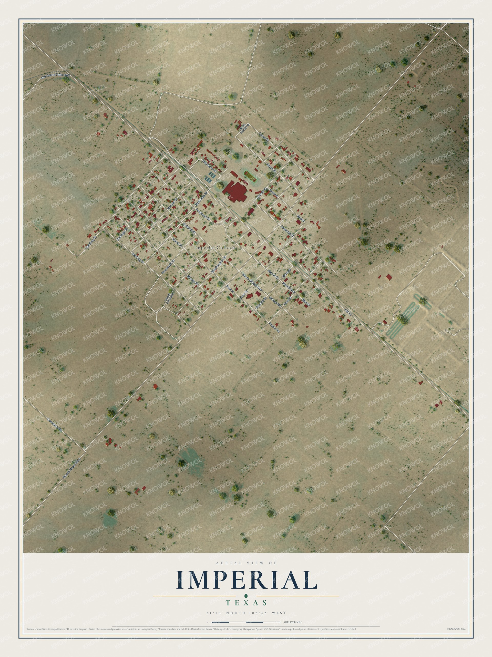 Full map of Imperial, Texas, with red buildings, printed street names and the land around them