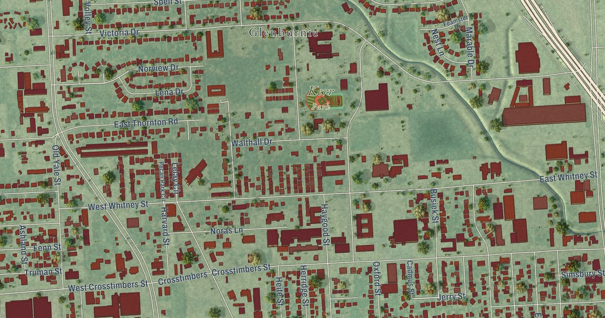Close-up of streets and buildings in Independence Heights, Texas