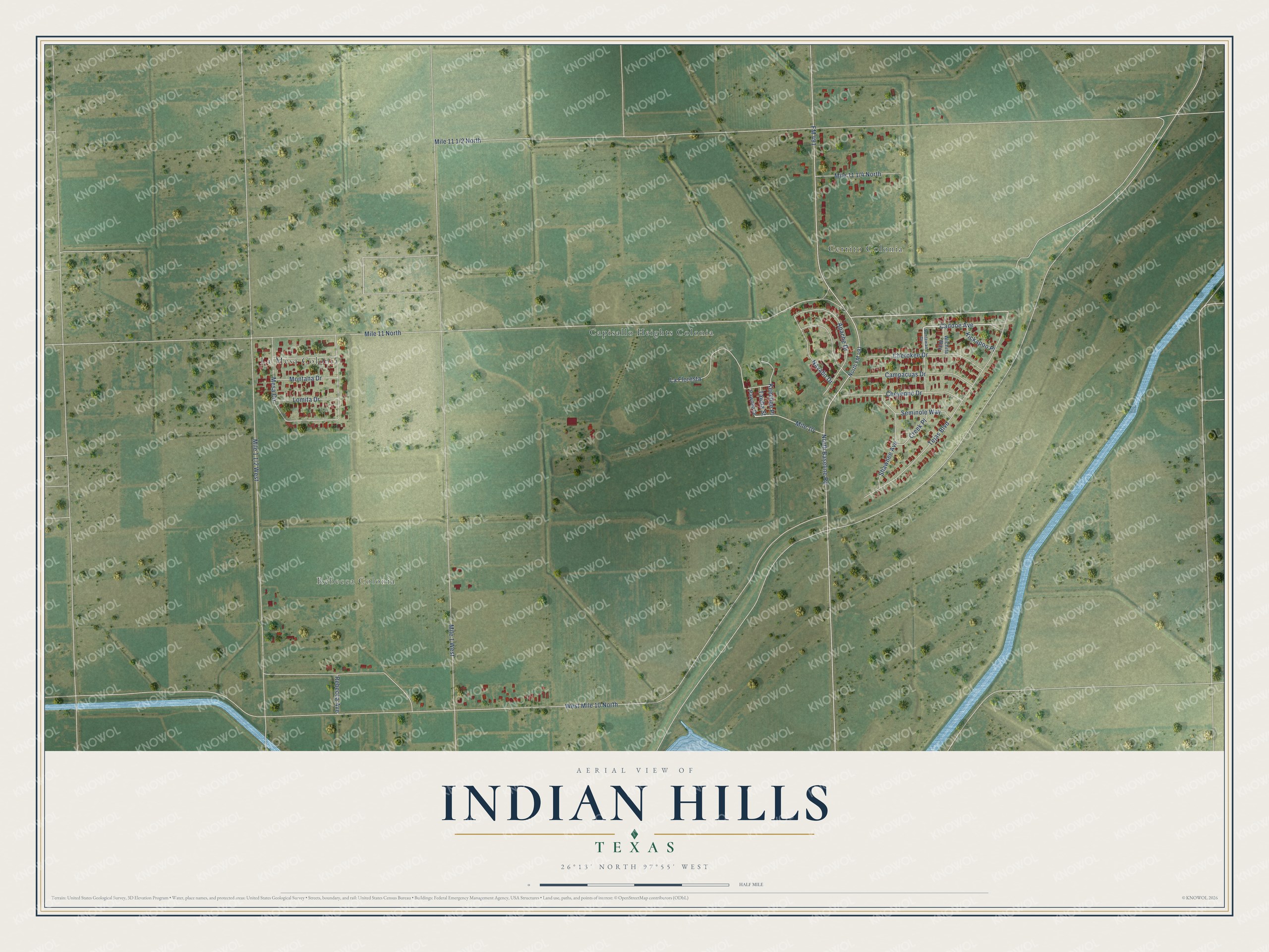 Full map of Indian Hills, Texas, with red buildings, printed street names and the land around them