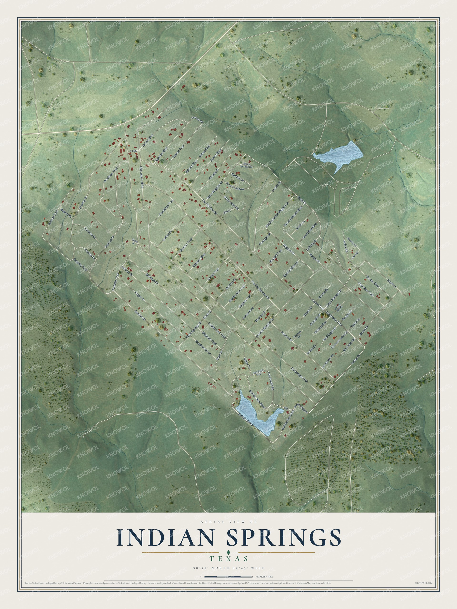 Full map of Indian Springs, Texas, with red buildings, printed street names and the land around them