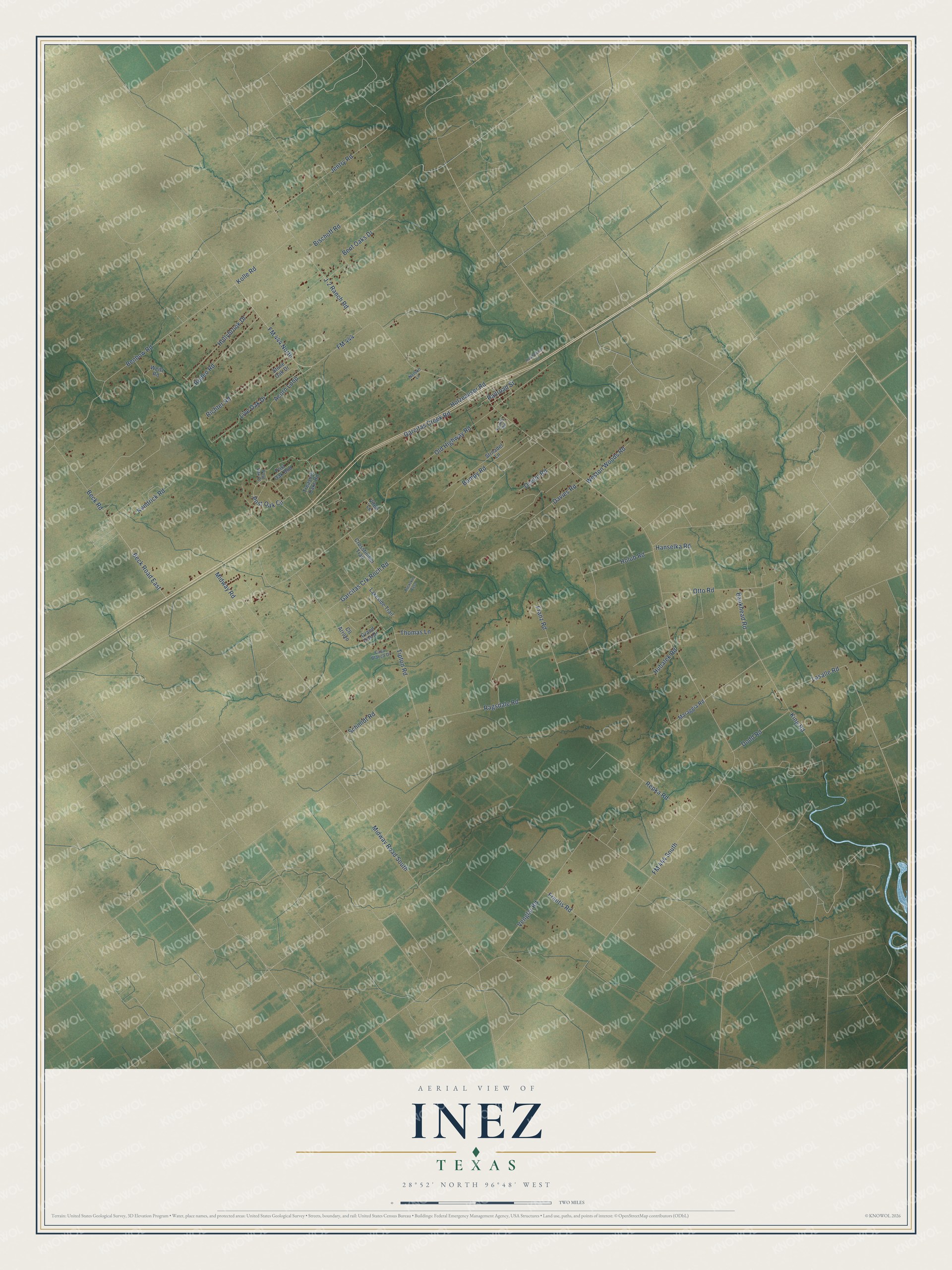 Full map of Inez, Texas, with red buildings, printed street names and the land around them