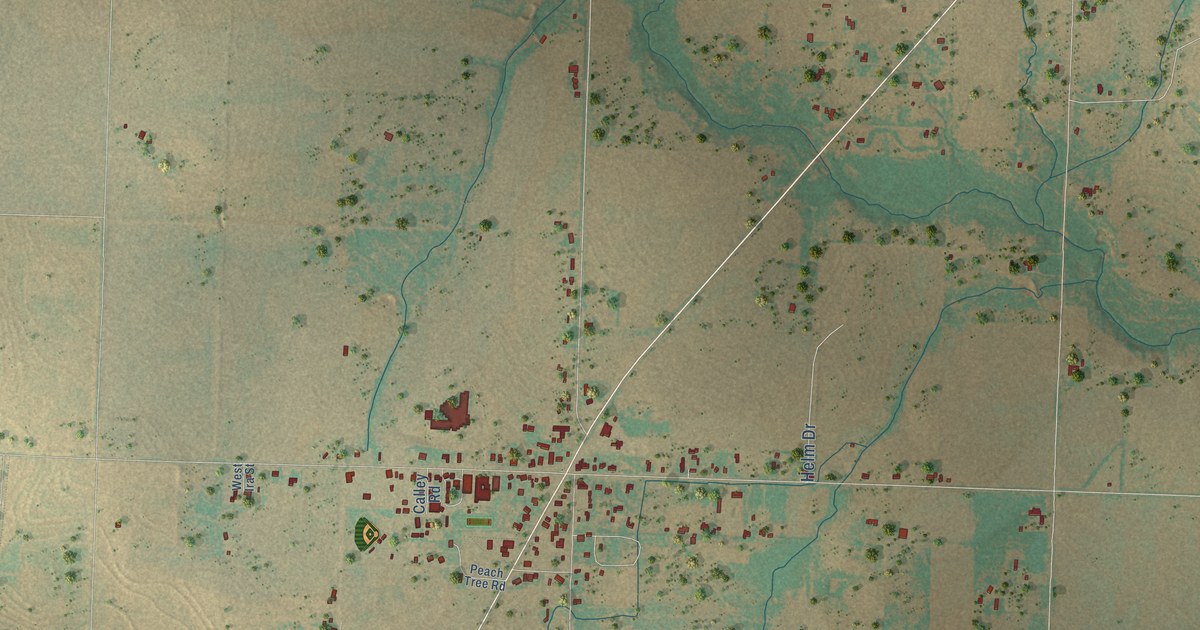 Close-up of streets and buildings in Ira, Texas