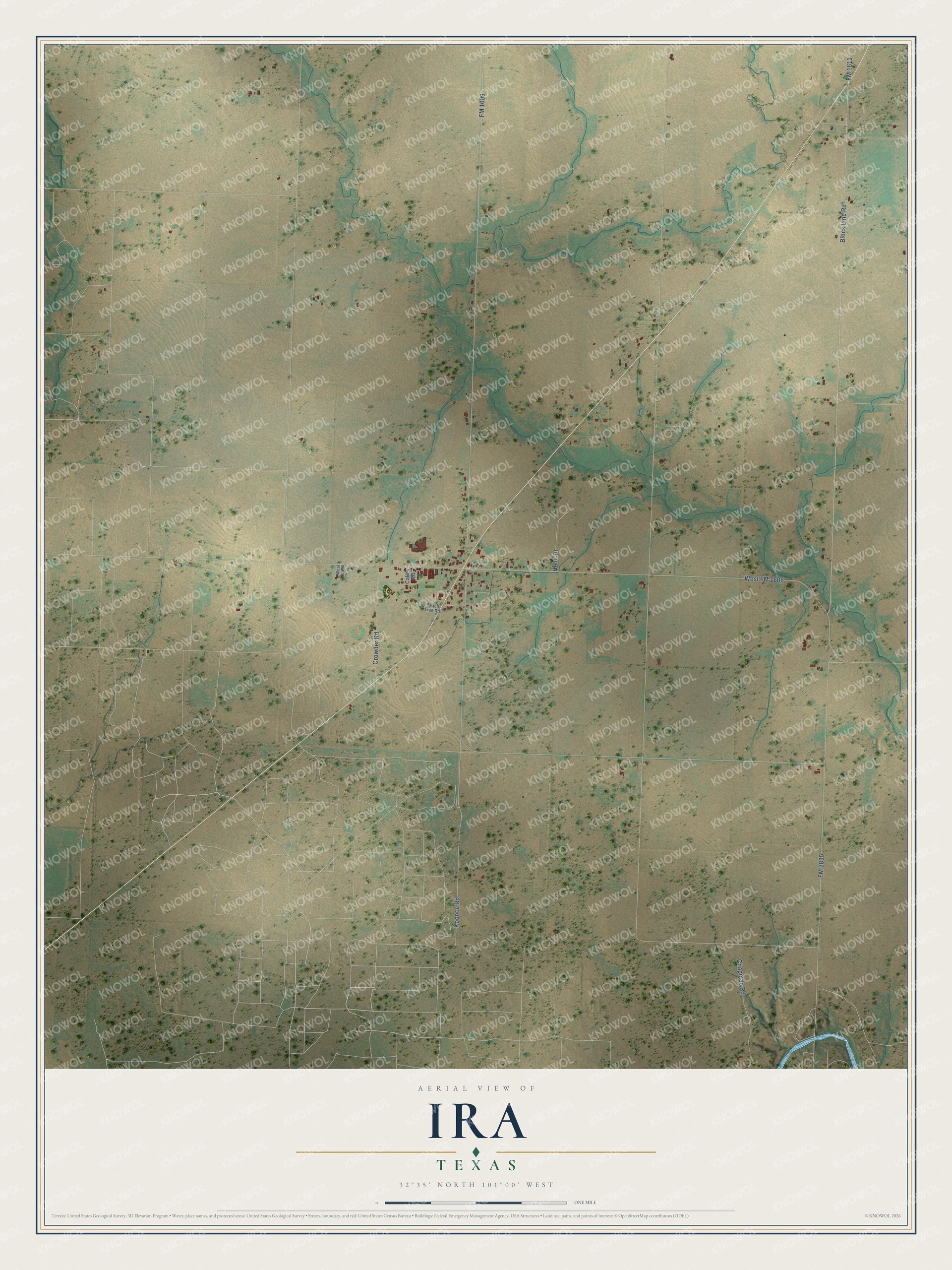 Full map of Ira, Texas, with red buildings, printed street names and the land around them