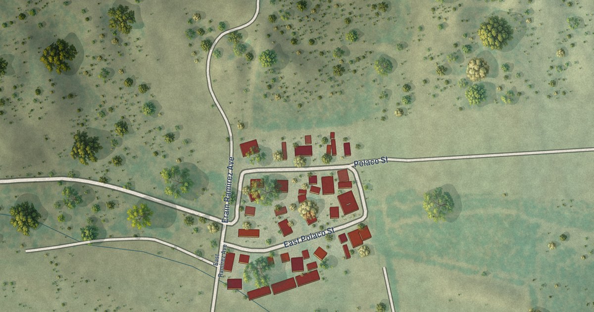 Close-up of streets and buildings in J.F. Villareal, Texas