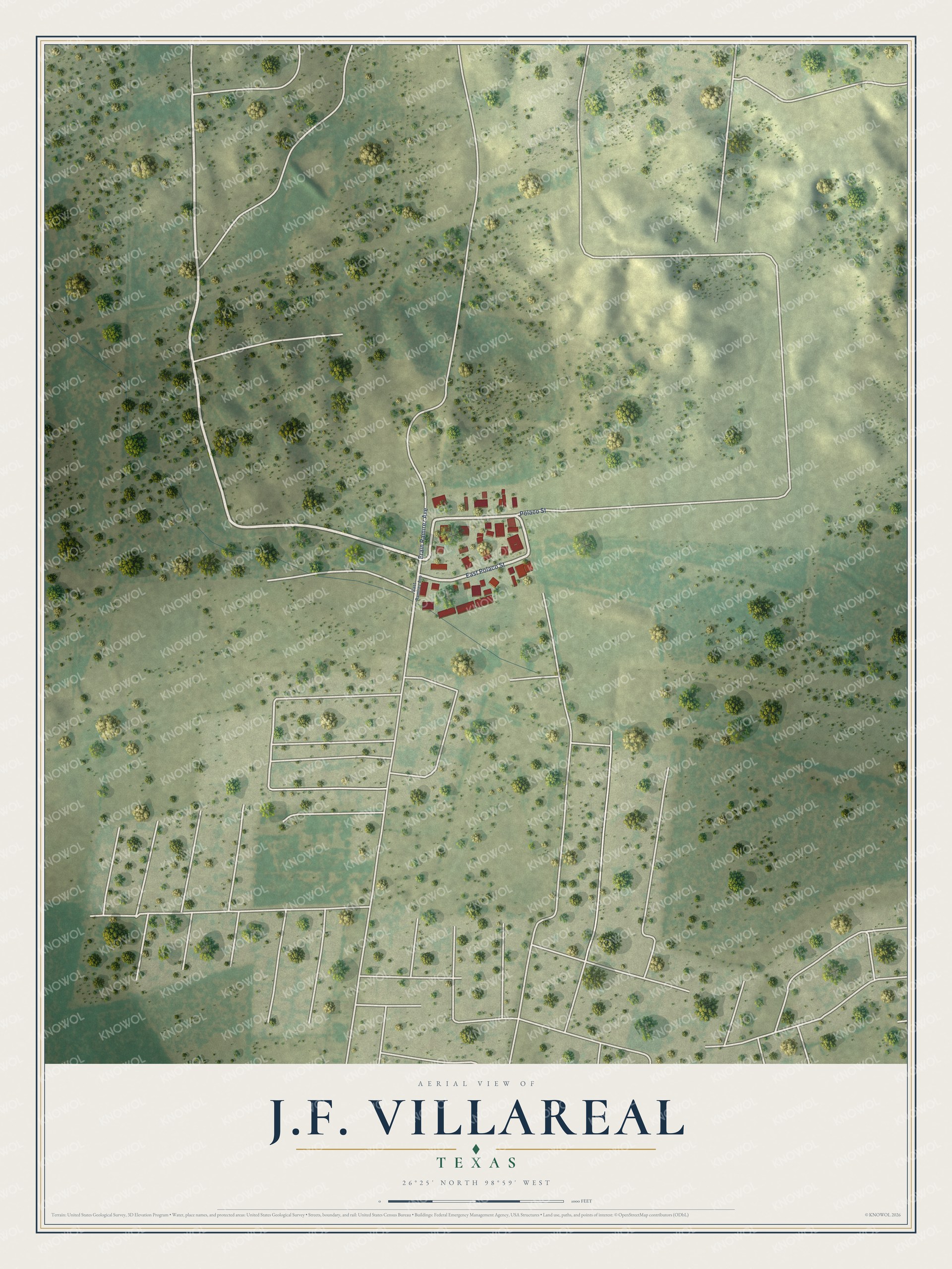 Full map of J.F. Villareal, Texas, with red buildings, printed street names and the land around them