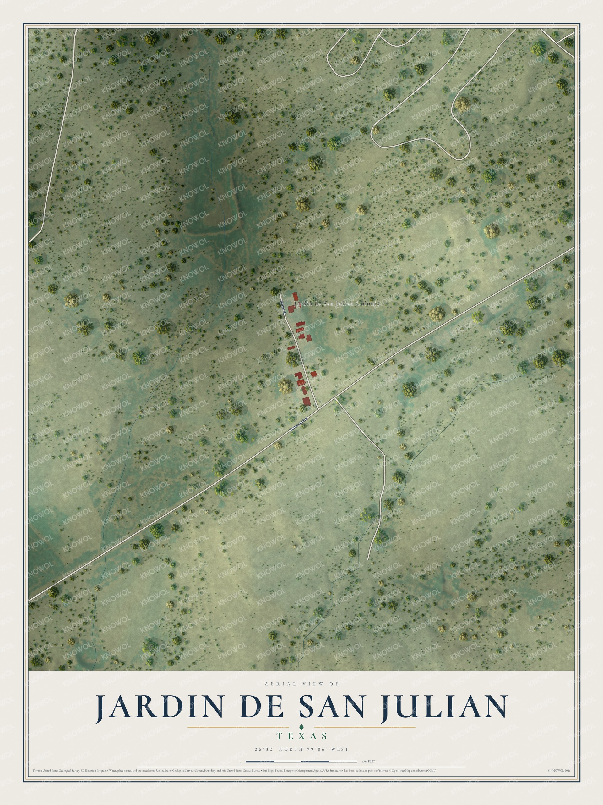 Full map of Jardin de San Julian, Texas, with red buildings, printed street names and the land around them