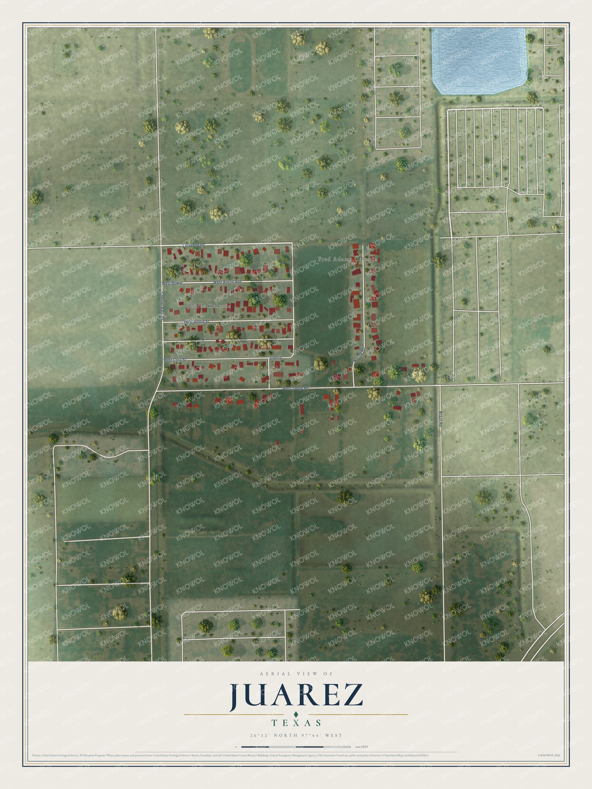 Full map of Juarez, Texas, with red buildings, printed street names and the land around them