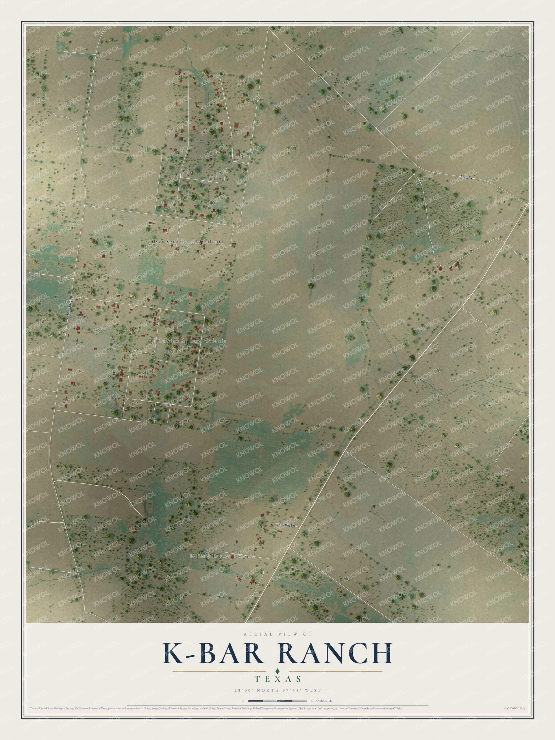 Full map of K-Bar Ranch, Texas, with red buildings, printed street names and the land around them