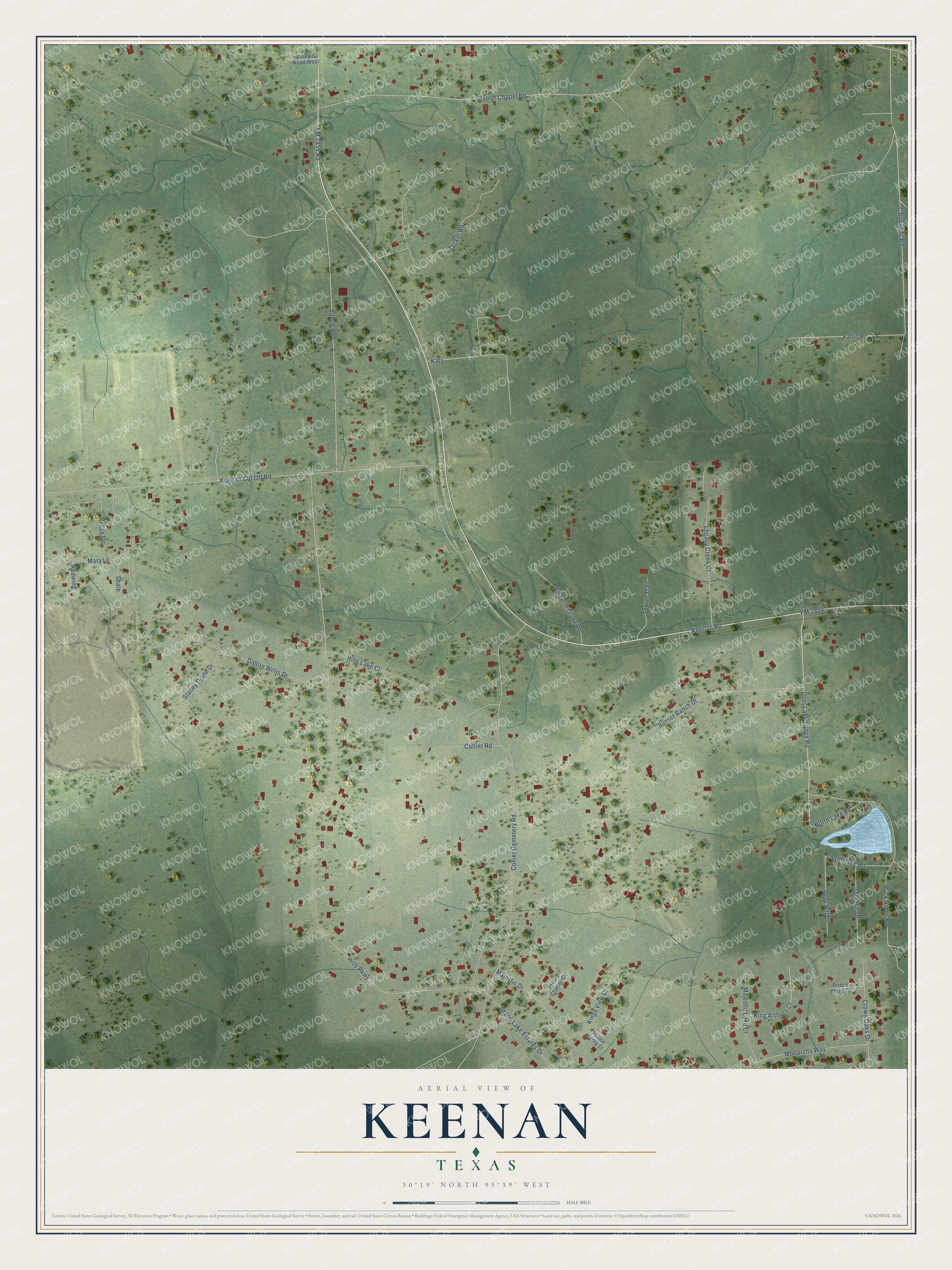 Full map of Keenan, Texas, with red buildings, printed street names and the land around them