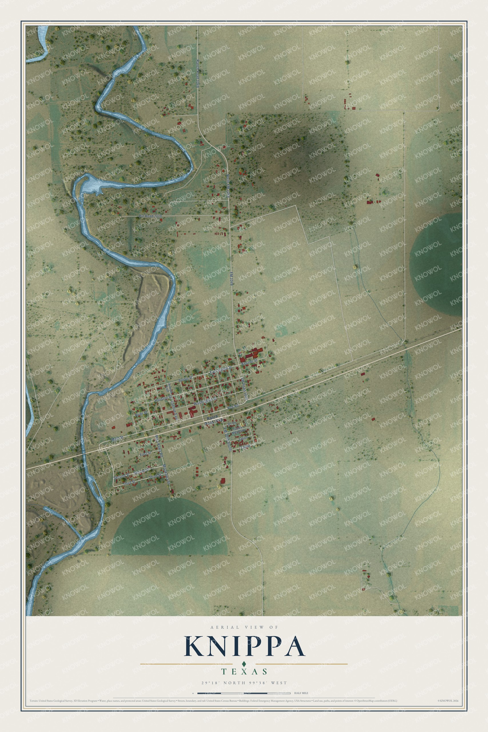 Full map of Knippa, Texas, with red buildings, printed street names and the land around them