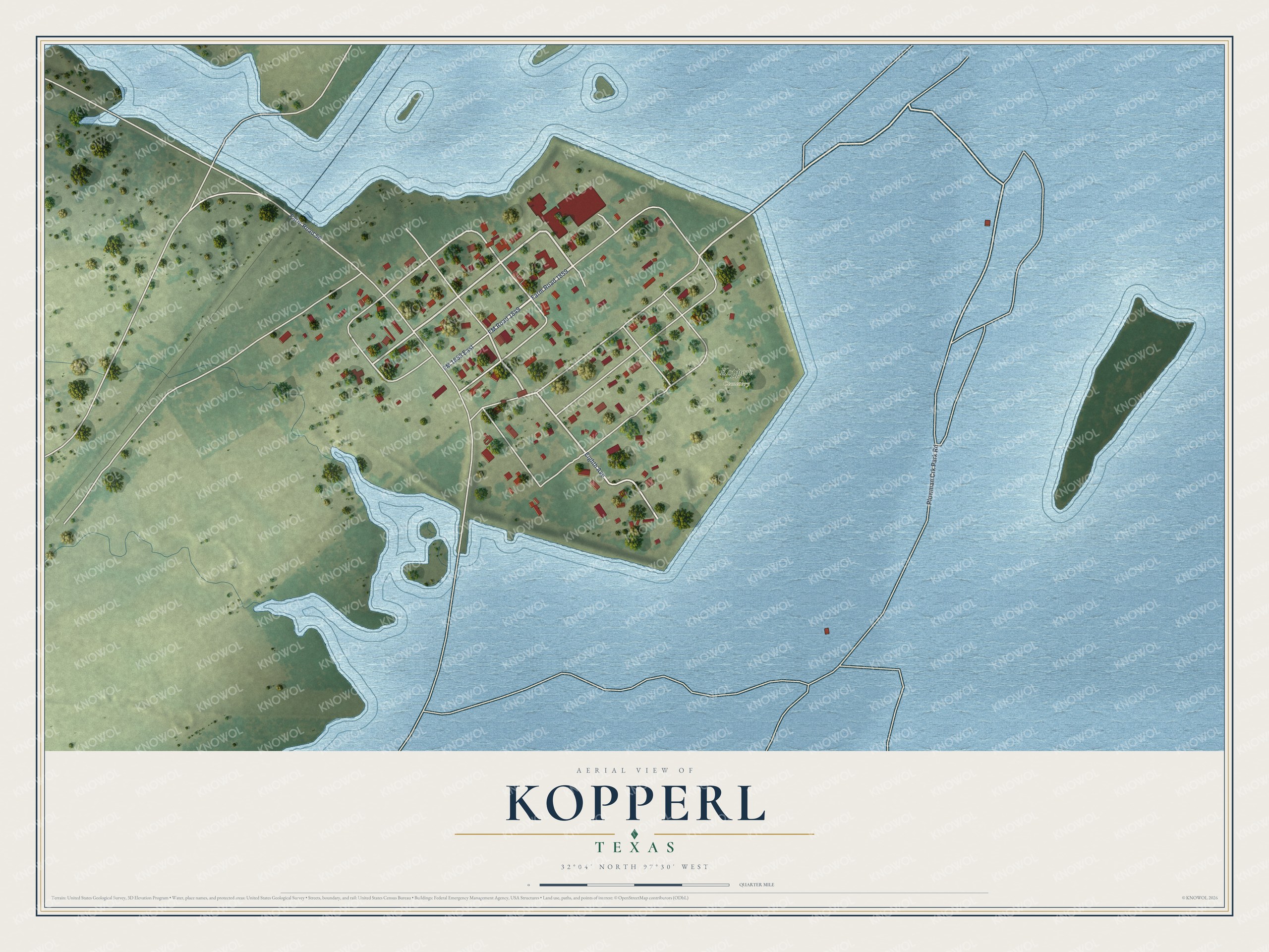 Full map of Kopperl, Texas, with red buildings, printed street names and the land around them