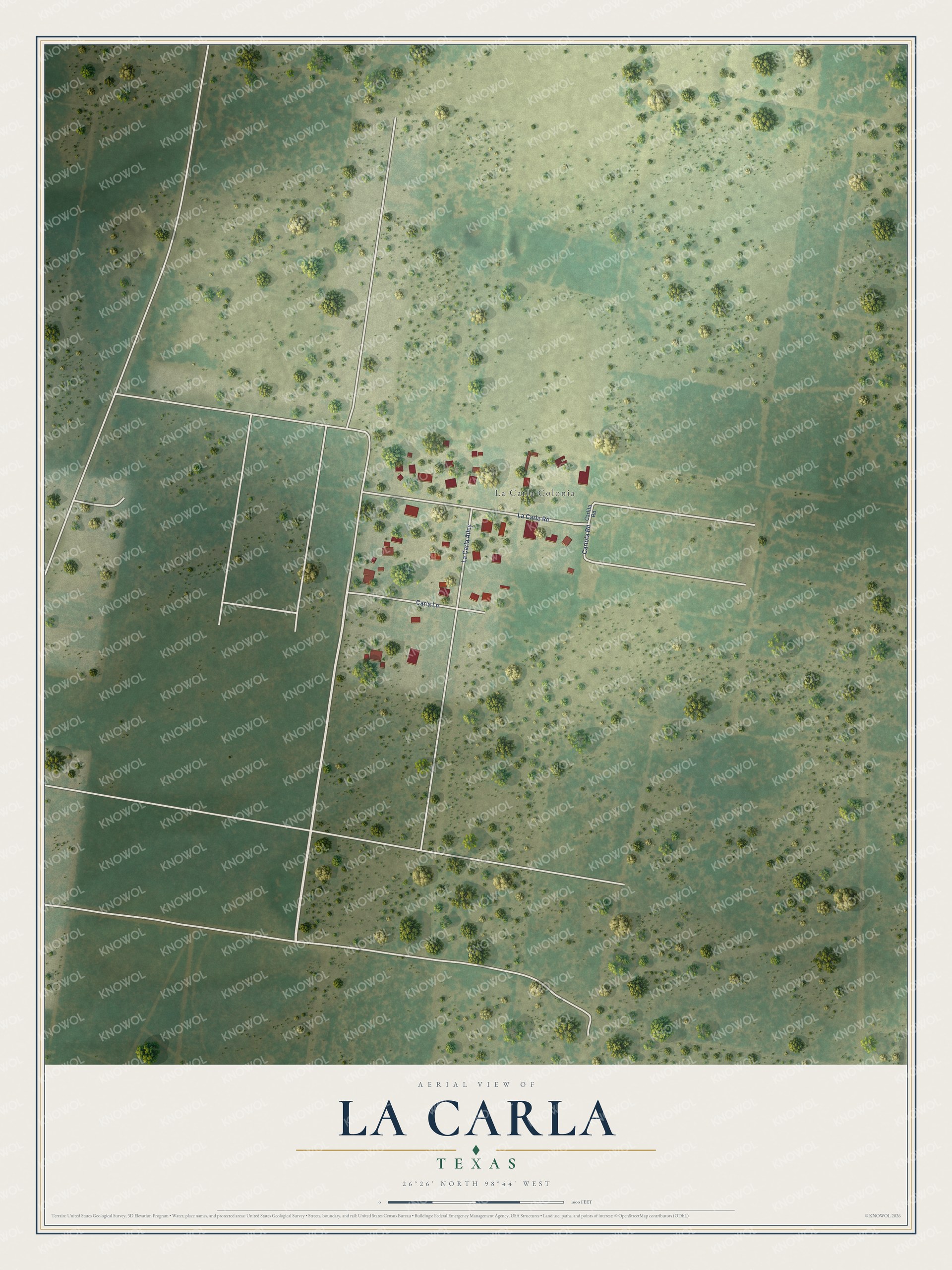 Full map of La Carla, Texas, with red buildings, printed street names and the land around them