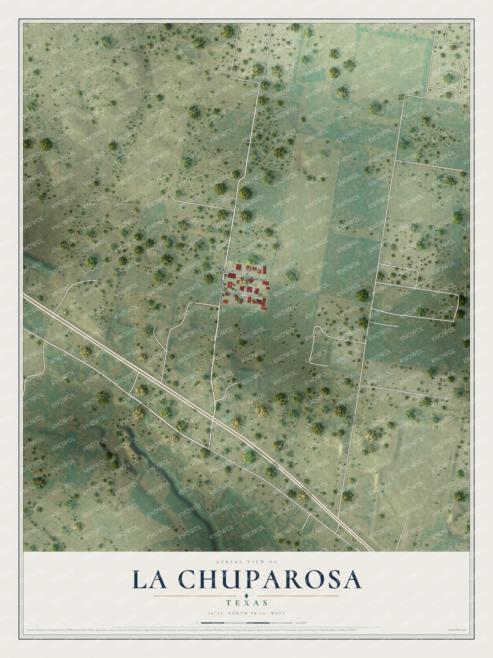 Full map of La Chuparosa, Texas, with red buildings, printed street names and the land around them