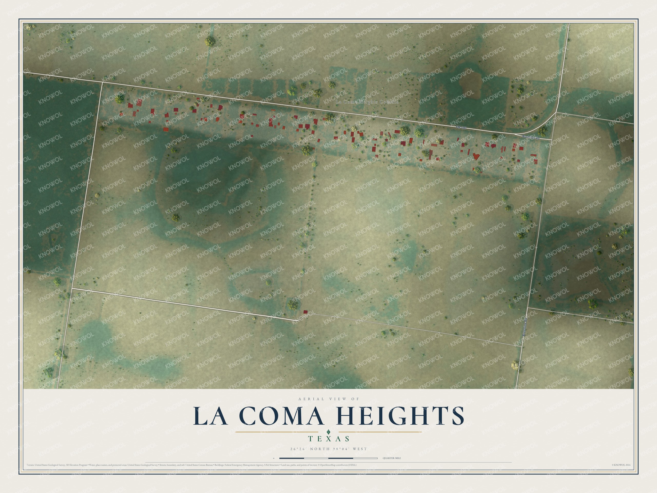 Full map of La Coma Heights, Texas, with red buildings, printed street names and the land around them
