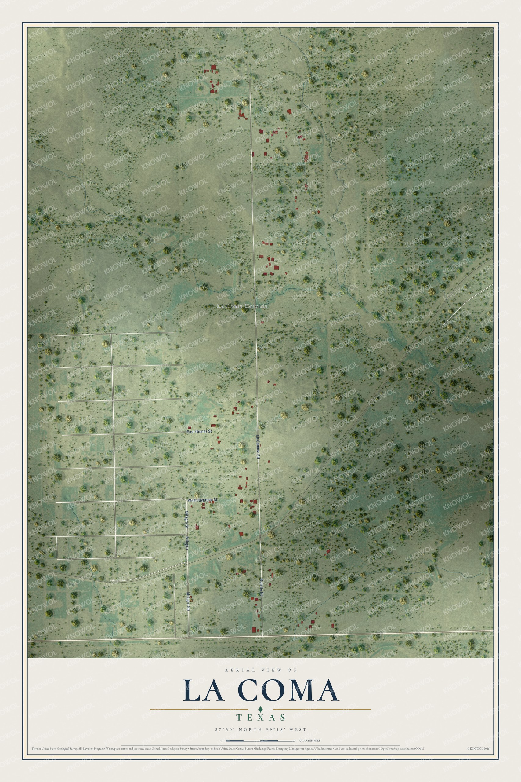 Full map of La Coma, Texas, with red buildings, printed street names and the land around them
