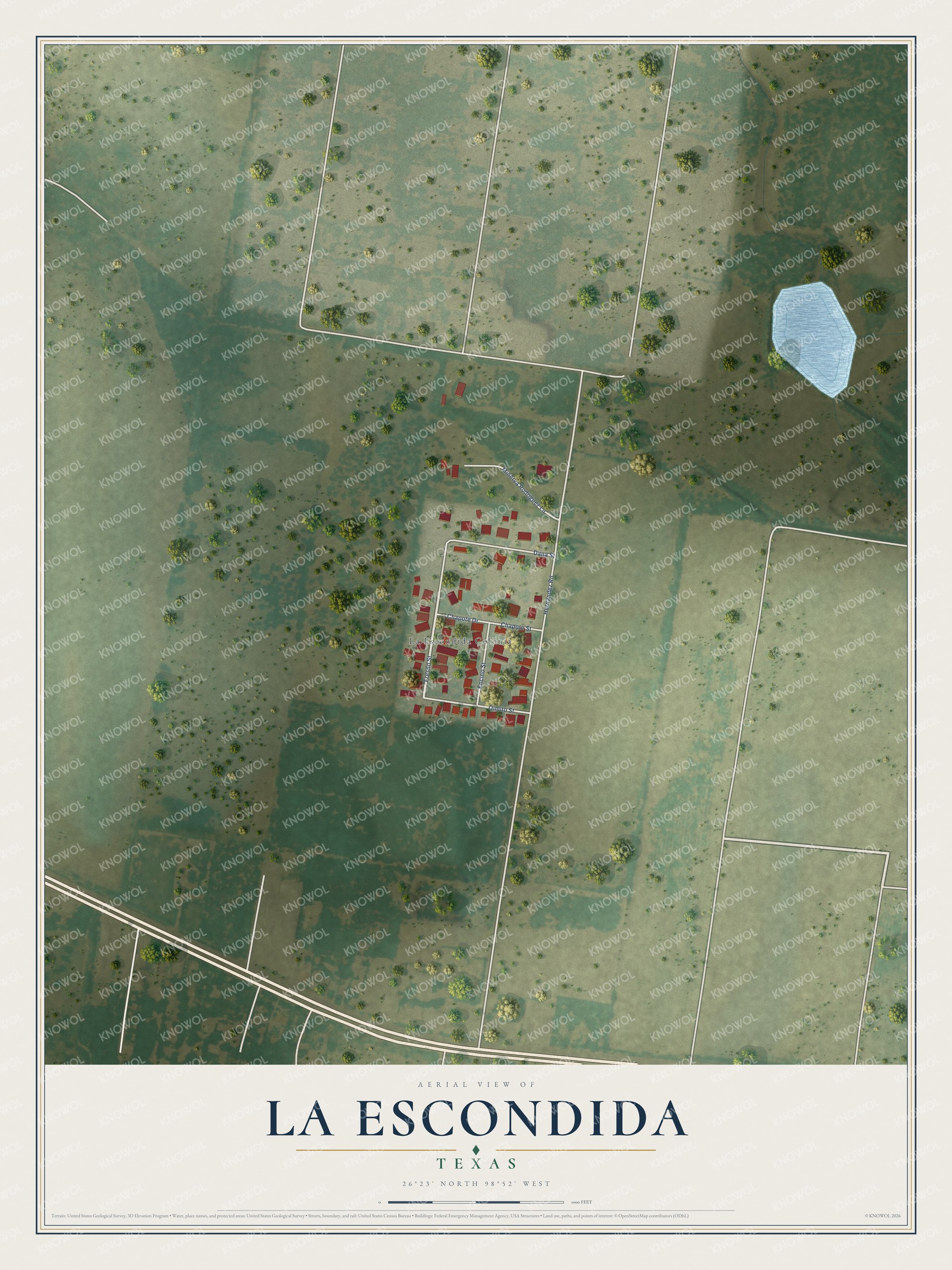 Full map of La Escondida, Texas, with red buildings, printed street names and the land around them