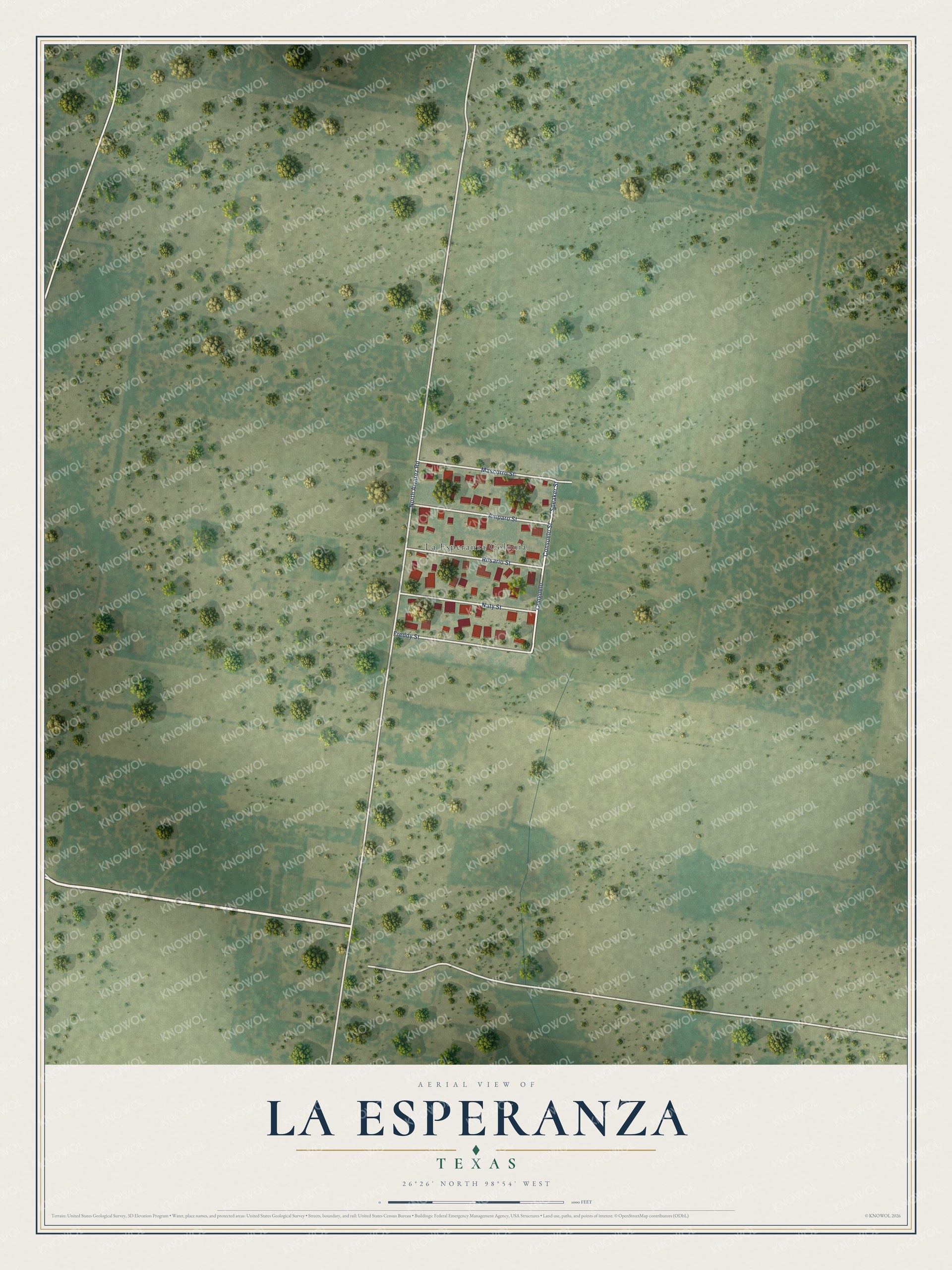 Full map of La Esperanza, Texas, with red buildings, printed street names and the land around them
