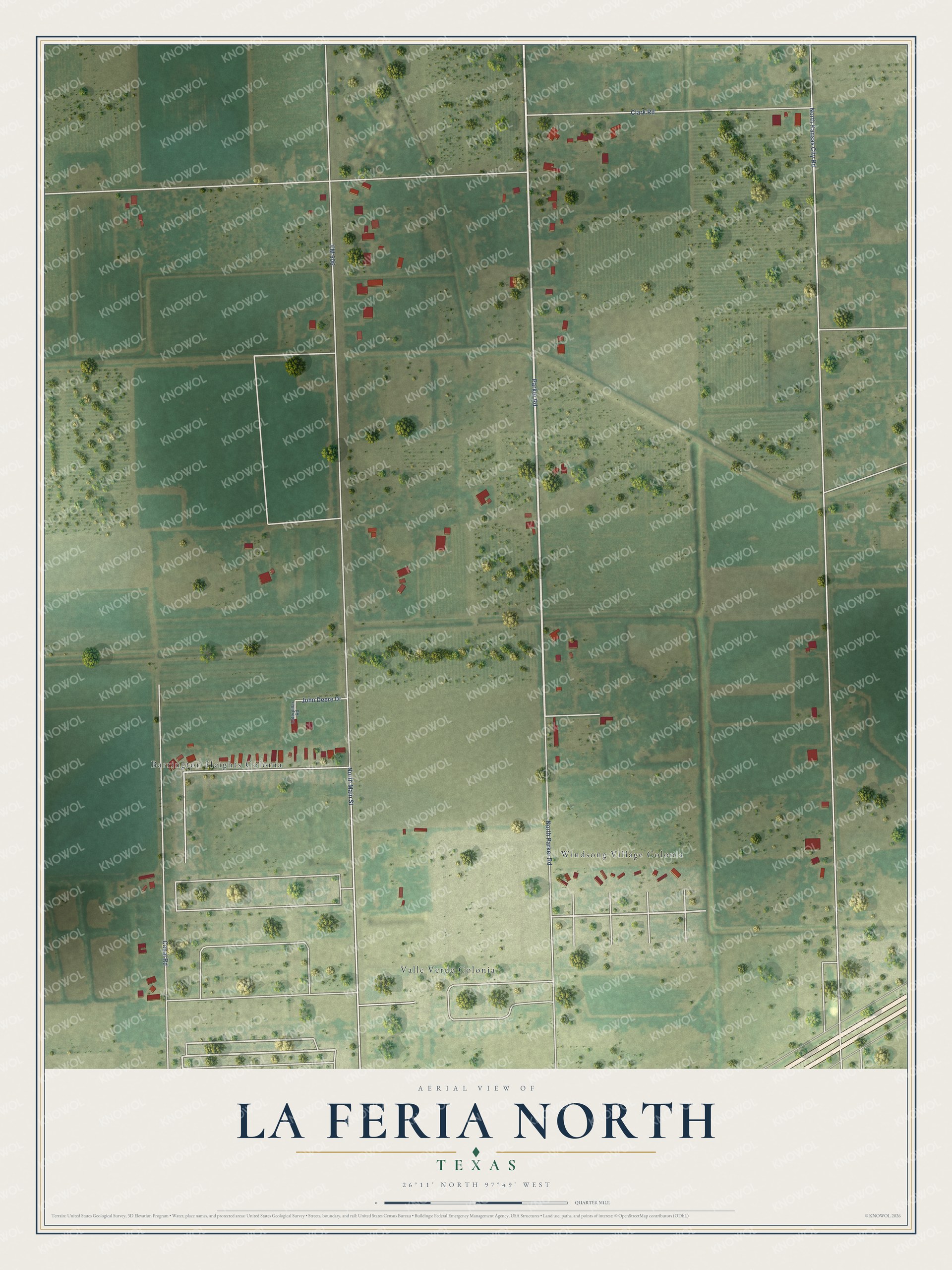 Full map of La Feria North, Texas, with red buildings, printed street names and the land around them