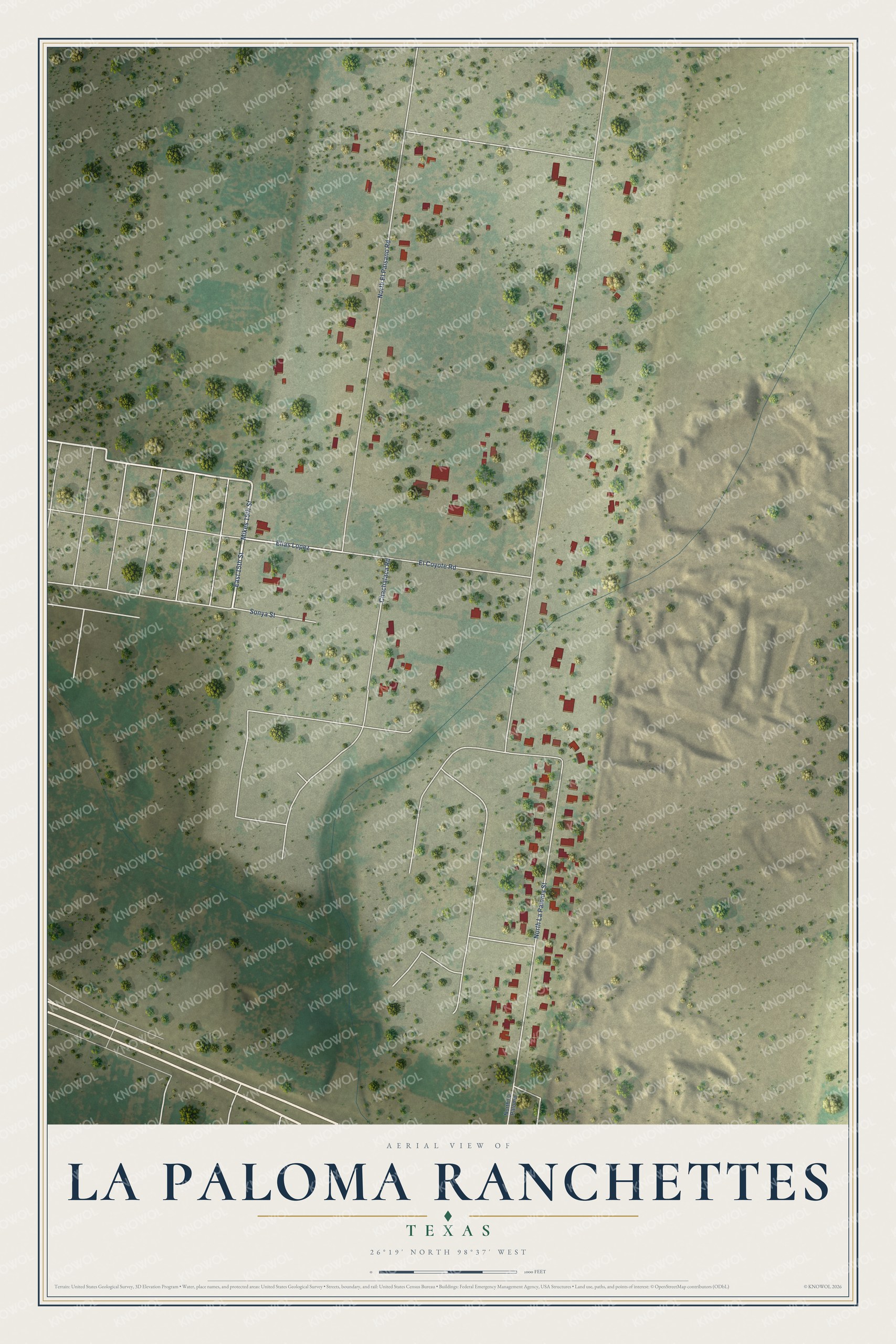 Full map of La Paloma Ranchettes, Texas, with red buildings, printed street names and the land around them
