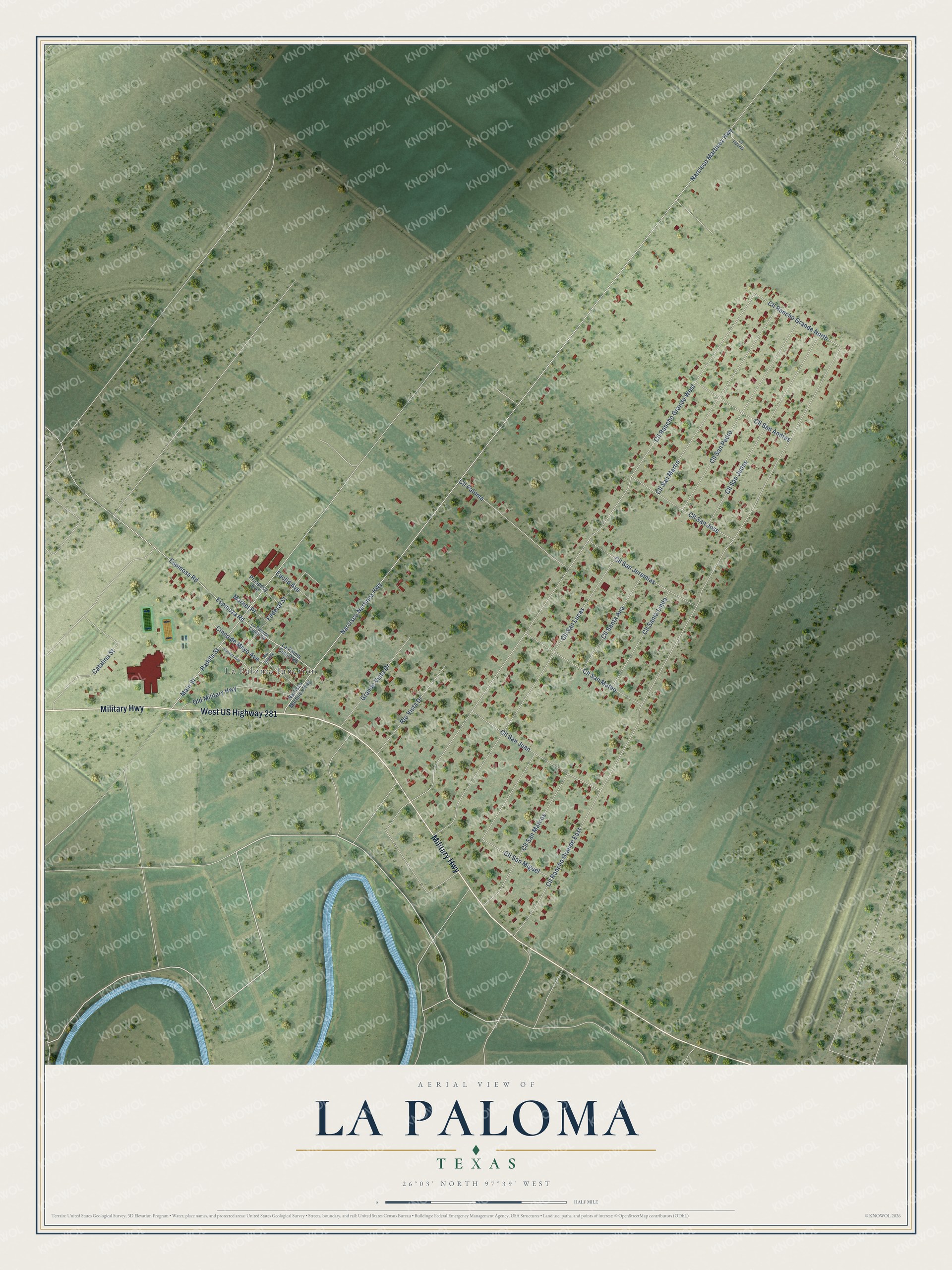 Full map of La Paloma, Texas, with red buildings, printed street names and the land around them