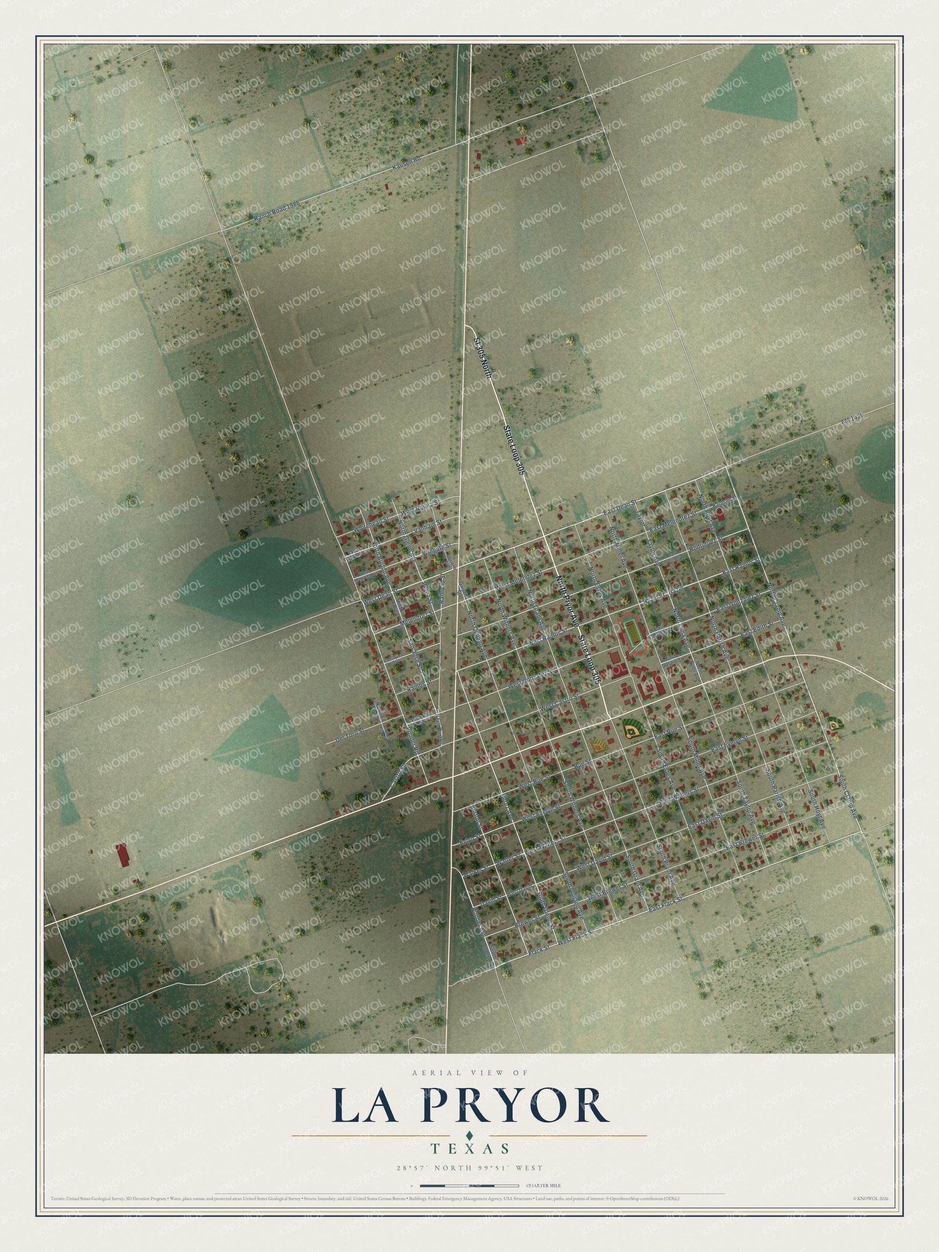 Full map of La Pryor, Texas, with red buildings, printed street names and the land around them