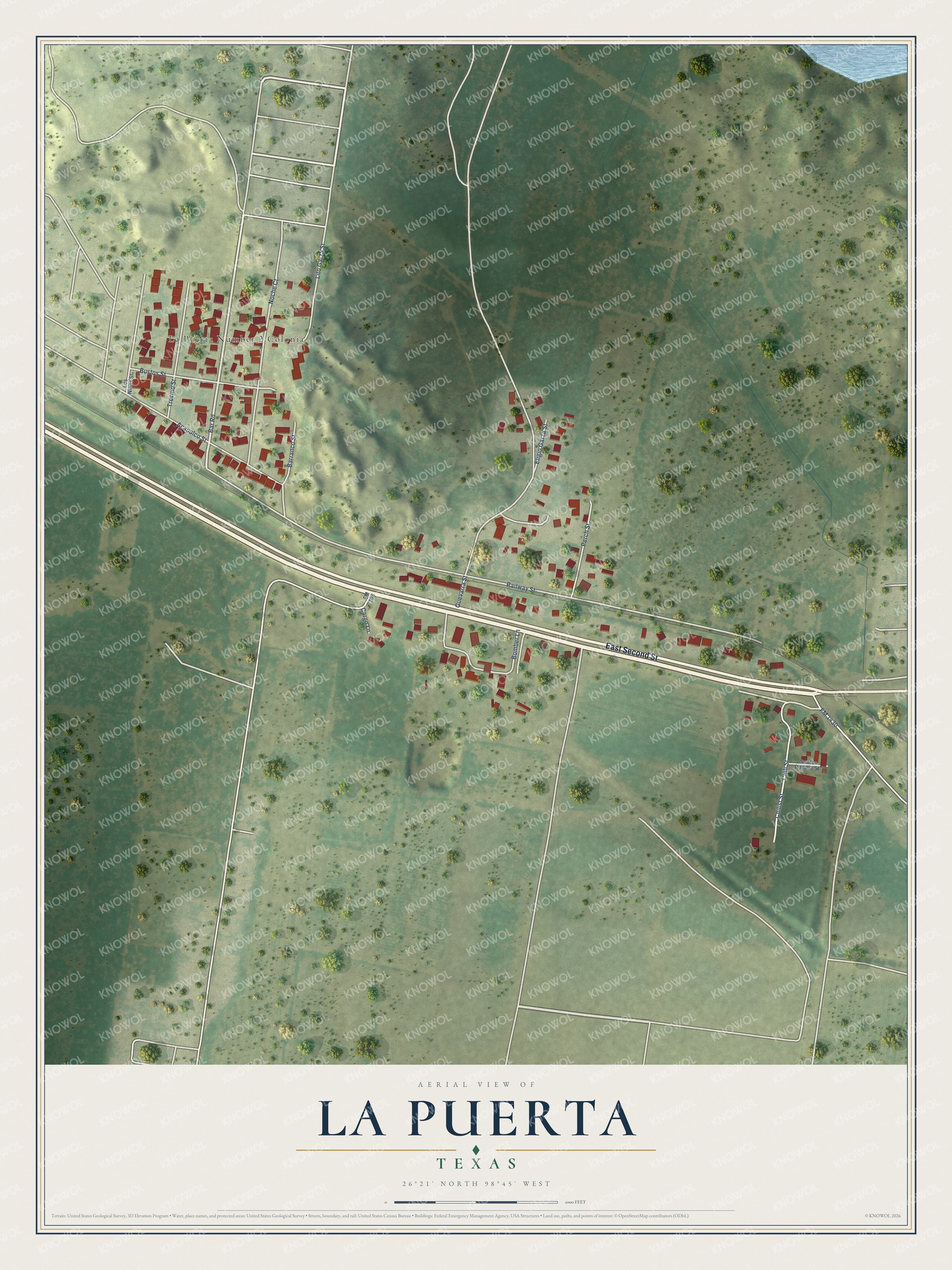 Full map of La Puerta, Texas, with red buildings, printed street names and the land around them