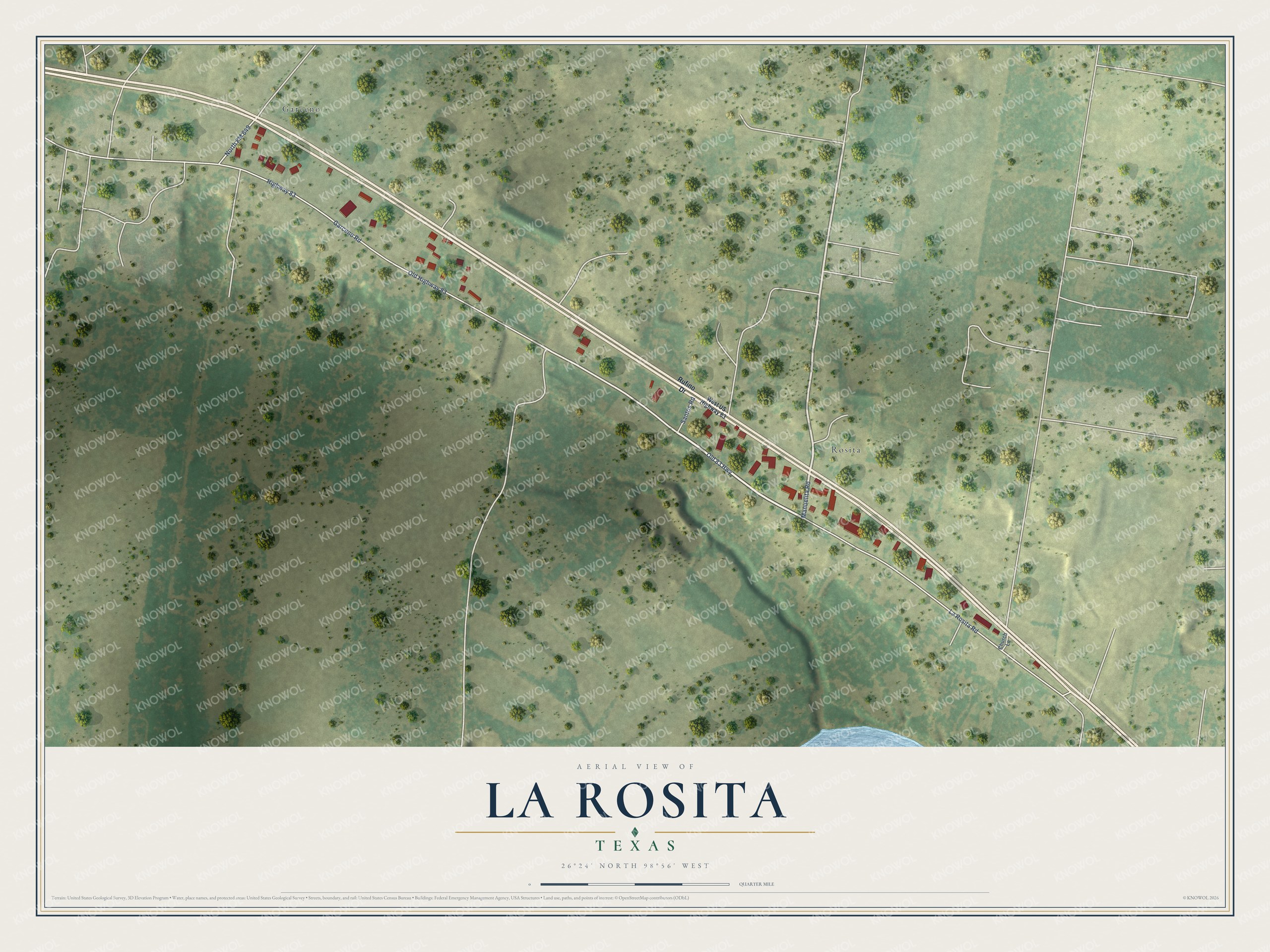 Full map of La Rosita, Texas, with red buildings, printed street names and the land around them