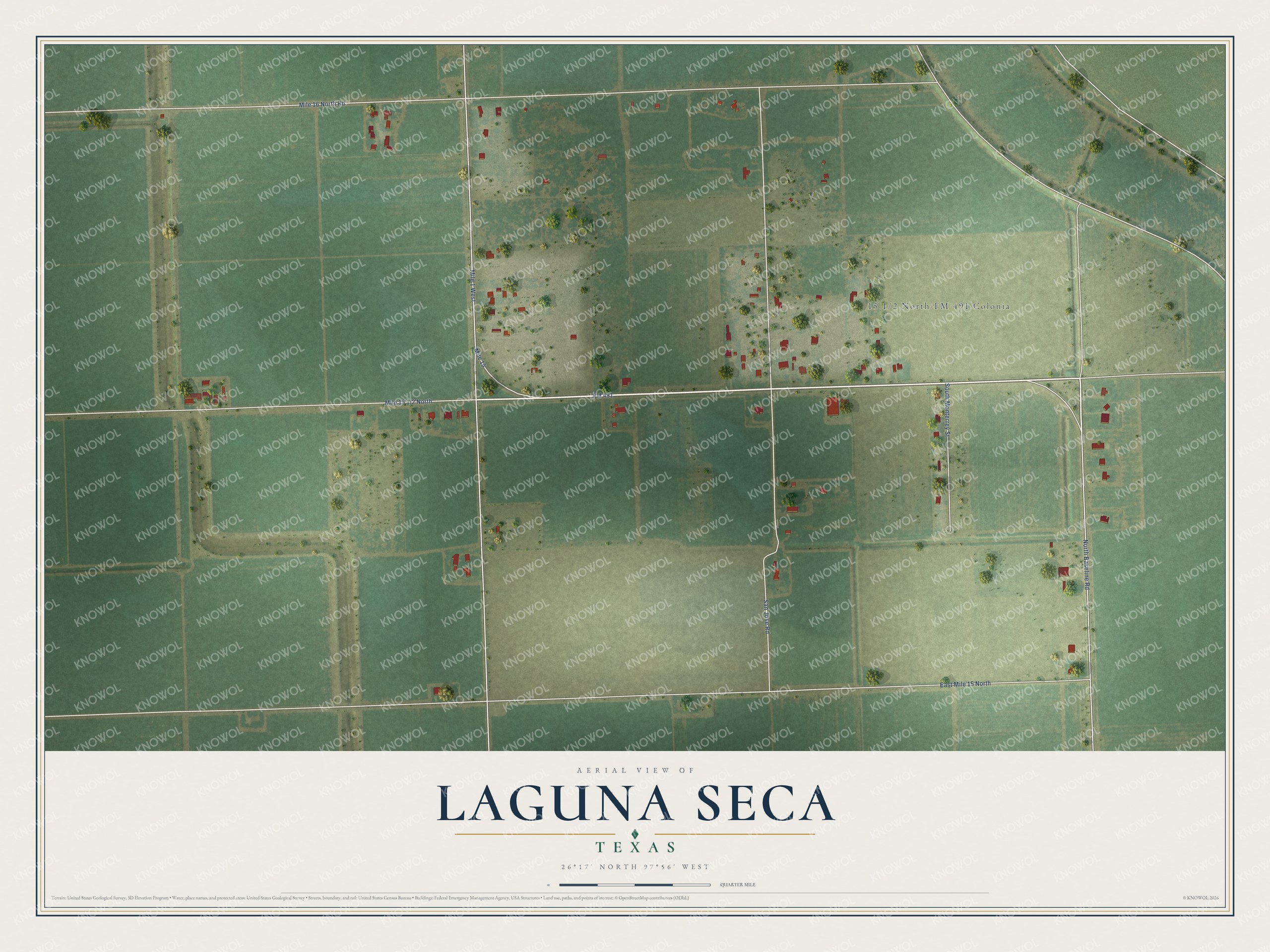 Full map of Laguna Seca, Texas, with red buildings, printed street names and the land around them