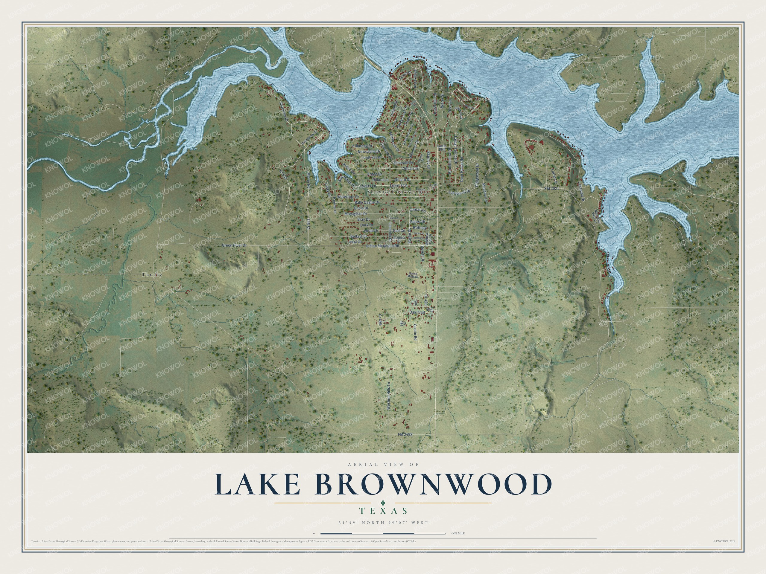 Full map of Lake Brownwood, Texas, with red buildings, printed street names and the land around them