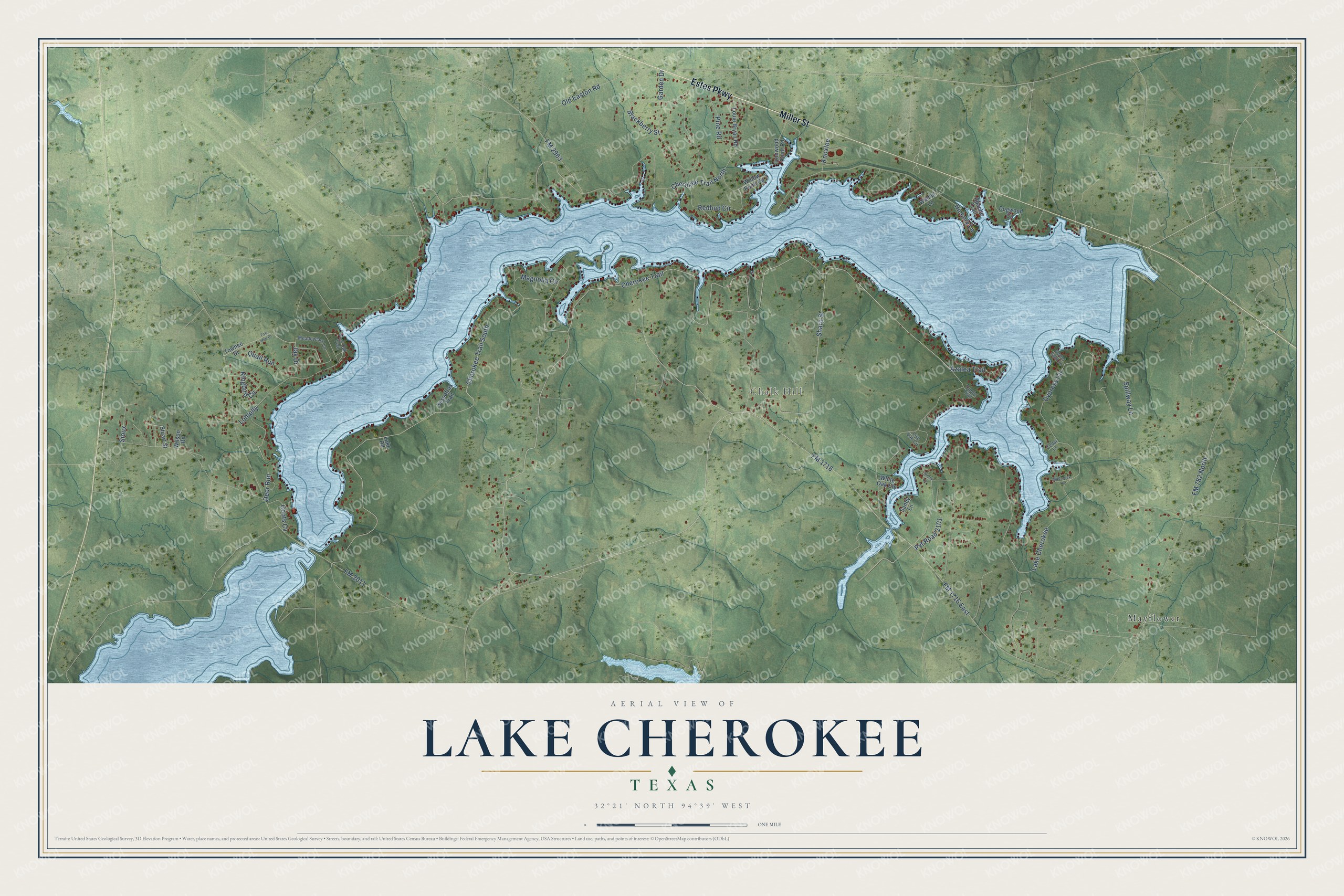 Full map of Lake Cherokee, Texas, with red buildings, printed street names and the land around them
