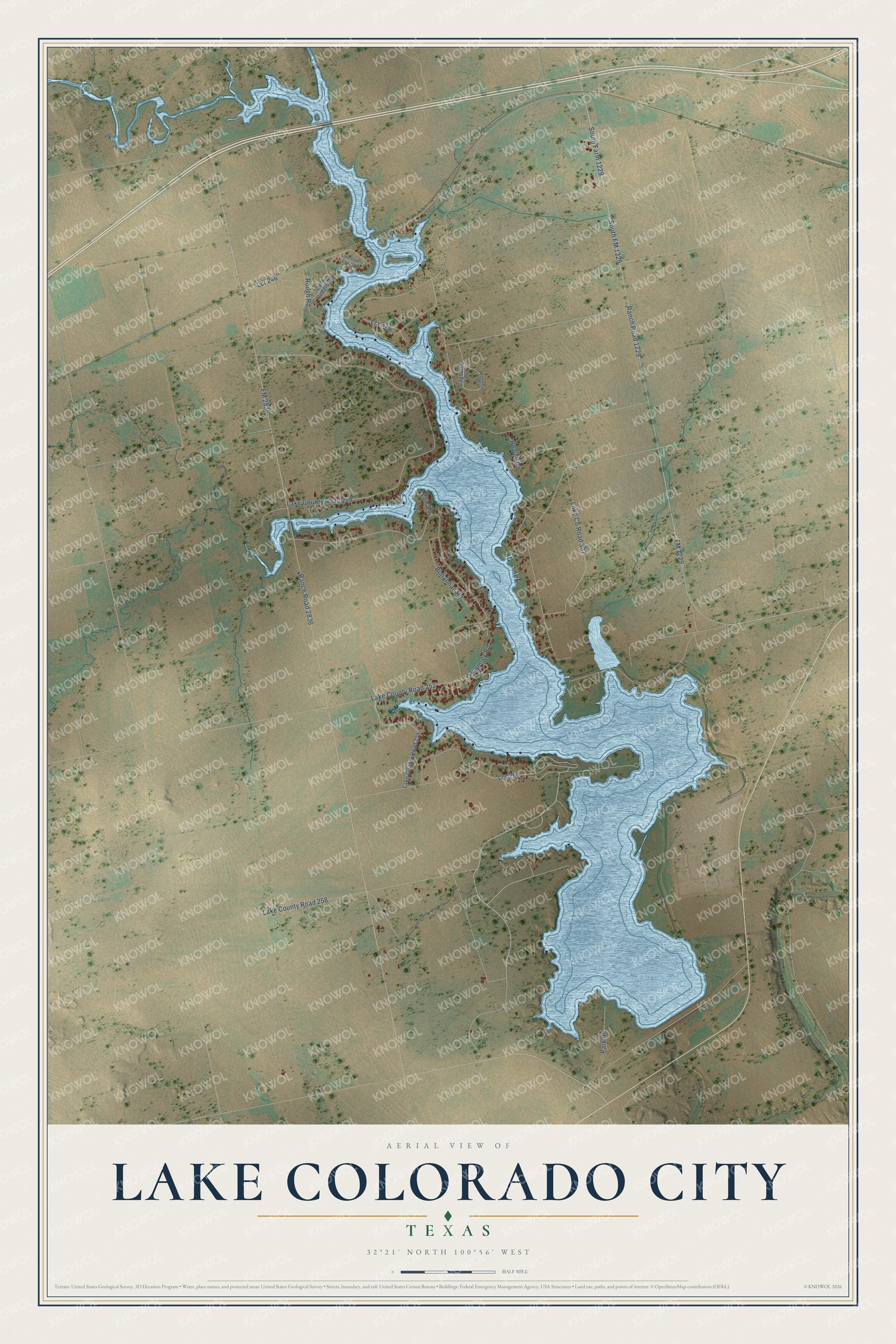 Full map of Lake Colorado City, Texas, with red buildings, printed street names and the land around them